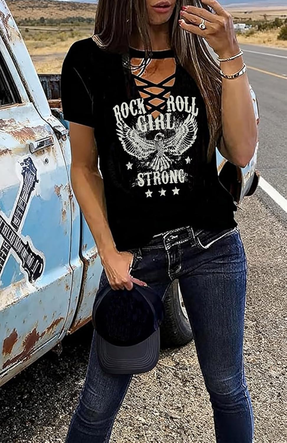 Rock Roll Criss-Cross Hollow Out T-Shirt Women Vintage Concert Rock Band Shirt Retro Country Music Short Sleeve Tops - Image 4