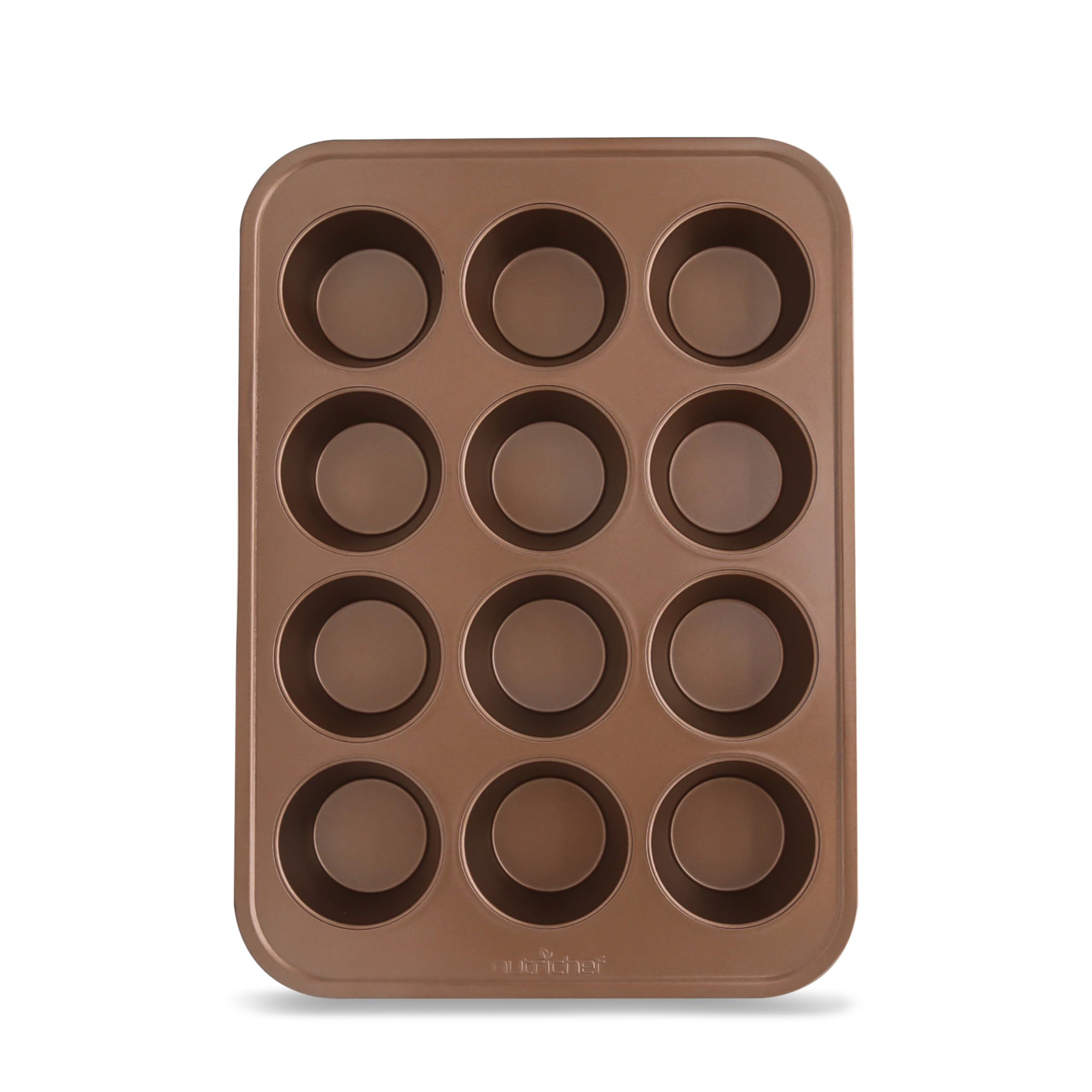 NutriChef Molde dorado para magdalenas de horno de 12 tazas, superficie de capa recubierta antiadherente, bandeja de calentamiento uniforme para magdalenas, cupcakes, pasteles y mini pasteles,