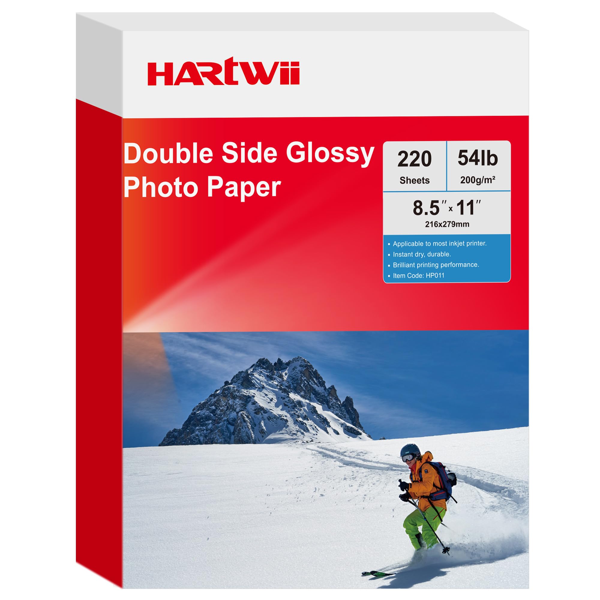 El papel fotográfico de doble cara de alto brillo mide 8.5 x 11 pulgadas, 200 g/m², consta de 220 hojas, adecuado para impresoras de inyección de tinta y tintas a base de tinte de 50 libras