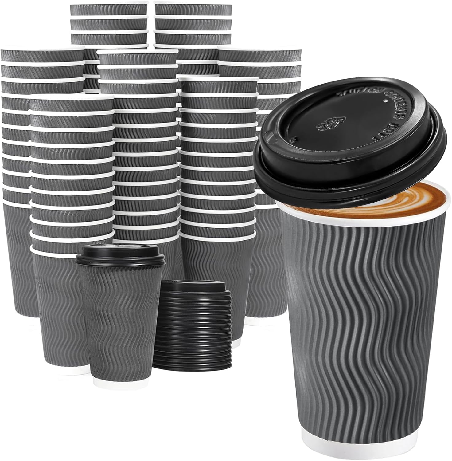 Lamosi 500 Pack - 12 oz Insulated Disposable Coffee Cups with Lids, To Go Paper Coffee Cups with Lids, Corrugated Ripple Wall Cup for Hot Drink Office Coffee Bar (Grey)