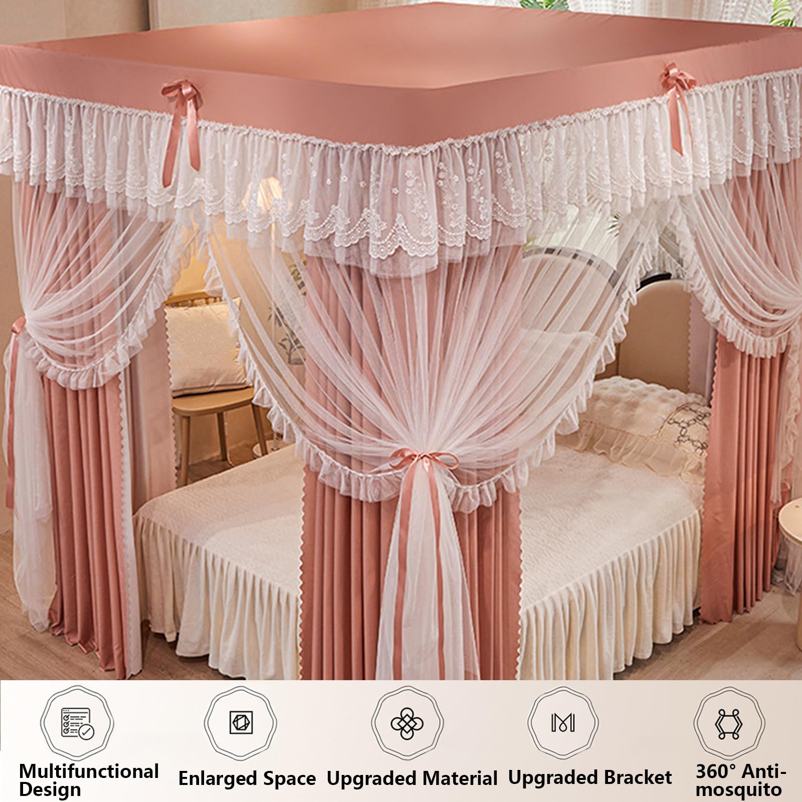 Prinzessin Baldachin mit Rüschen, 4-Eckiger Betthimmel, Moskitonetze Bett, Quadratische Mückennetz, Doppelstöckiges Moskitonetz für Mädchen Schlafzimmer B 180 x 200cm