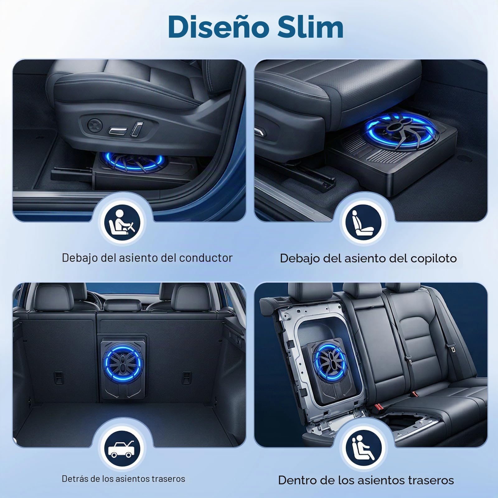 Hodozzy Subwoofer Activo Coche Ultrafino, 10 Pulgadas Subwoofer Autoamplificado Coche Debajo del Asiento con Amplificador, Entrada Bajo, Subwoofer Luz Ambiental Azul para SUV | Subwoofer Autoamplificado Coche Debajo del Asiento con Amplificador, Frecuenci