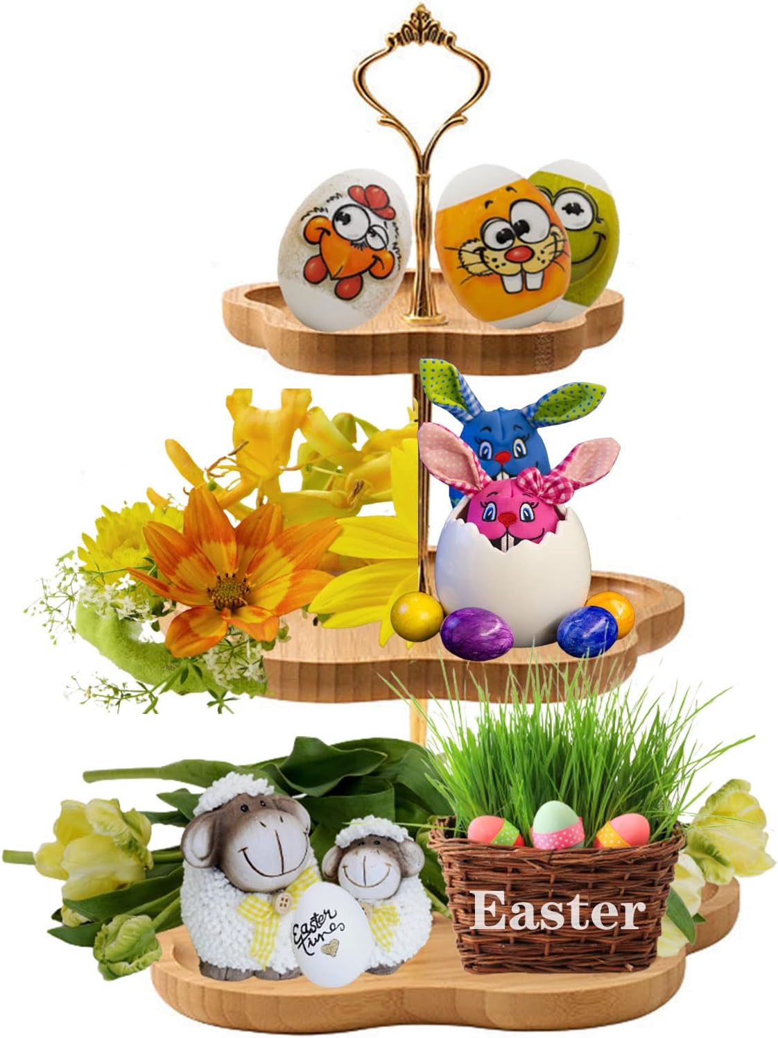 Easter Decorations Tray/3-Tier Flower Shape Serving Tray-Wood Cake Stand Decorative Tray for Cupcake Cake Dessert Pastry and Birthday Decorations, Family Gatherings Easter Tea Parties Office Parties