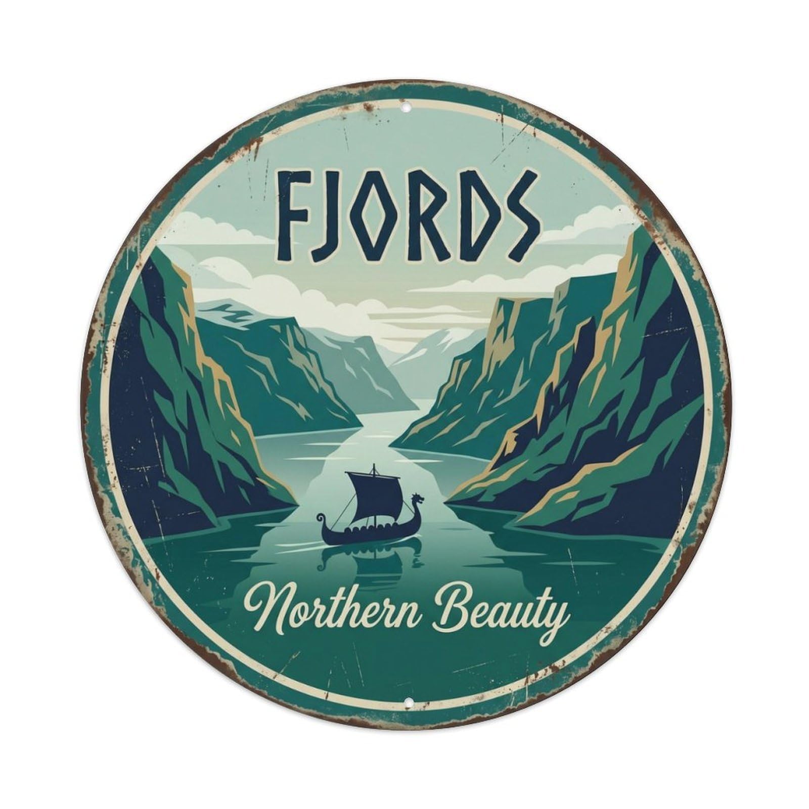Vintage Travel Fjords Norway Scenic Metal Tin Sign Plaque Wall Decor for Cafe, Club Bar, Office, Home Garden Round Metal Poster 8x8Inch