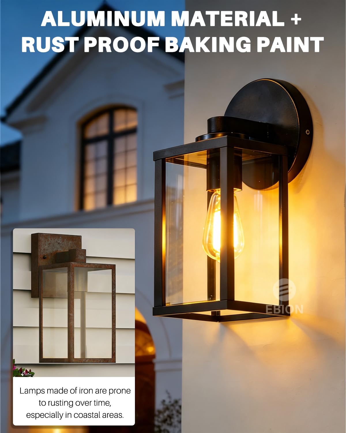 EBION 2 Stück Wandleuchte aussen E27, Wandlampe aus Aluminium + Glas, Modern Terrassenbeleuchtung, Außen Wandleuchte, IP44 Wasserdicht, Schwarz (ohne Leuchtmittel)