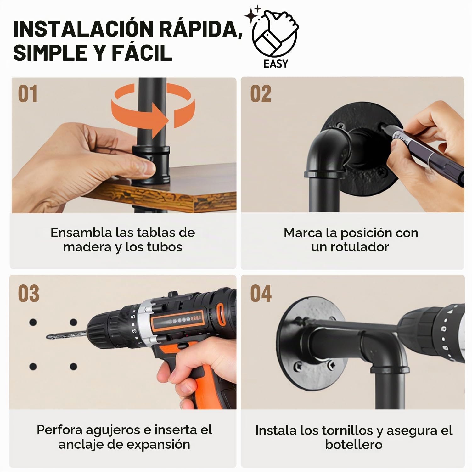 120 cm Botellero de Pared con LED para Vino 3 Niveles para Bar, Restaurante | Botellero de Madera para Vino con Tuberías Metálicas, Botellero Industrial de Pared de Madera y Acero para Bar, Cocina, Hogar