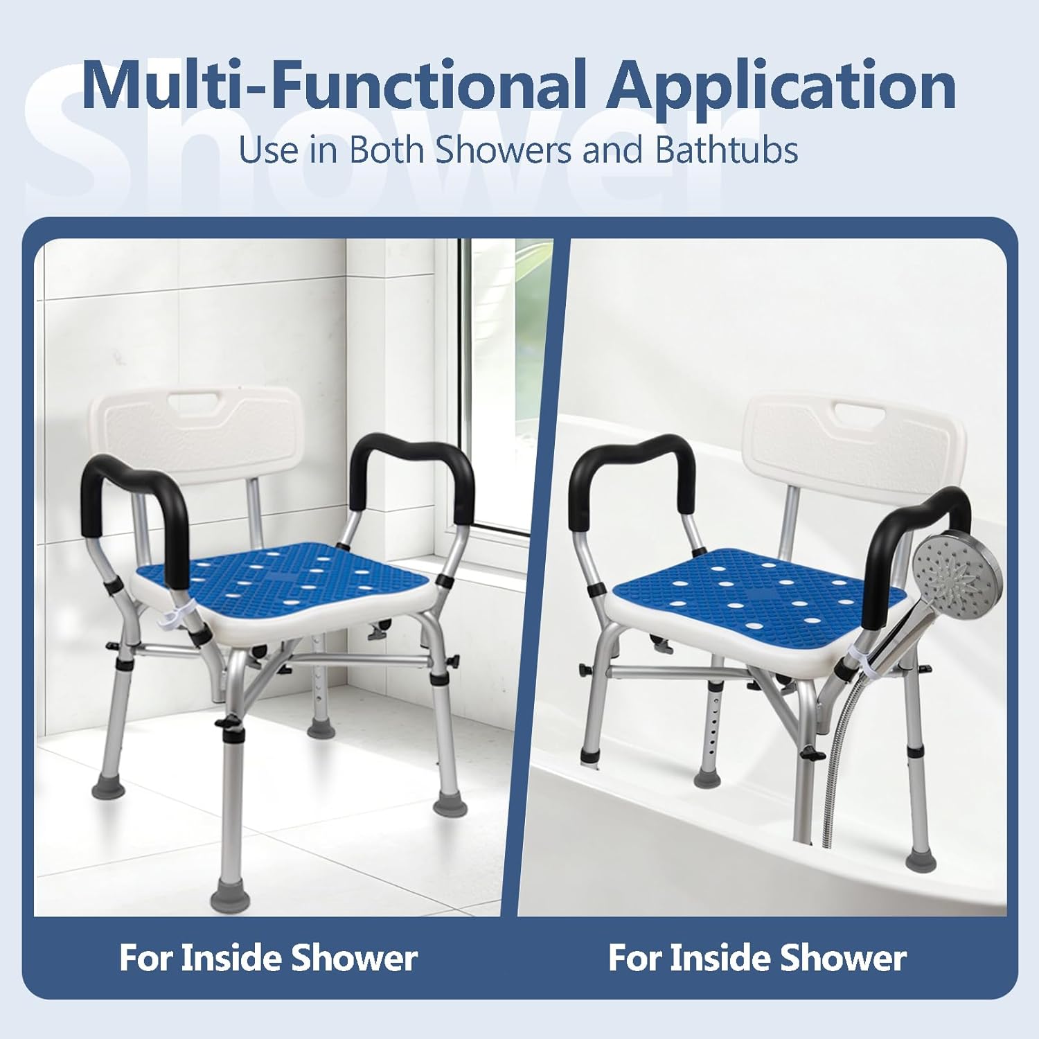Upgrade Shower Chair for Elderly and Disabled: Non-Slip Silicon Pad Bariatric Shower Seat with Arms & Back, Height Adjust & Reinforced Crossbars, 500lbs Heavy Duty Shower Chair for Inside Shower