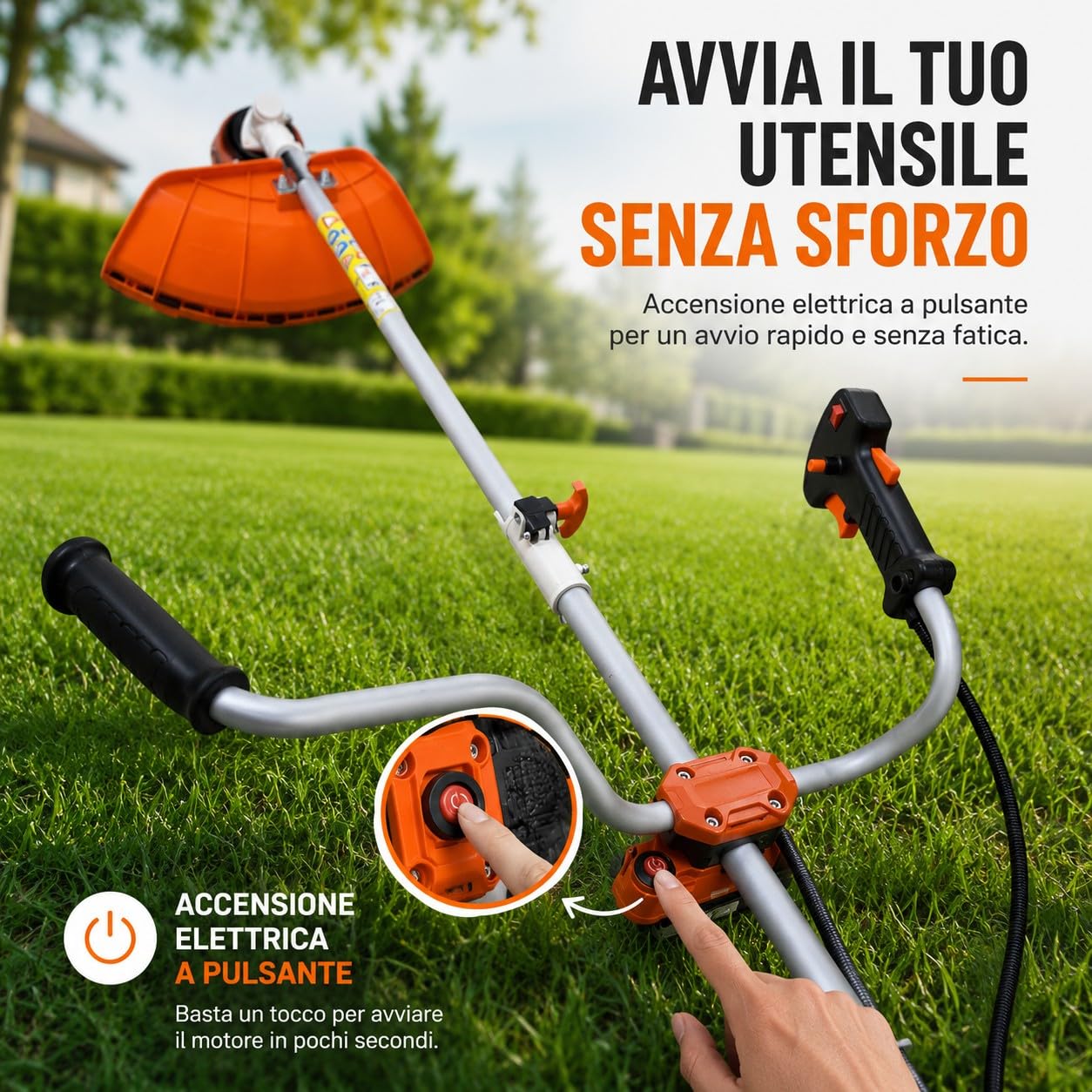 Decespugliatore a Scoppio 52cc 1.45kW 8500RPM Motore 2 Tempi con Manubrio Avviamento Elettrico con Batteria 12V e Manuale con Testina Doppio Filo e Disco tre Denti Acciaio per Erba, Giardino, Arbusti