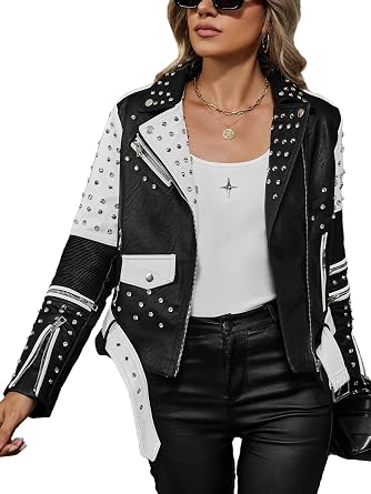 Bellivera Womens Faux Leather Color-Block Moto Zip Up Jacket