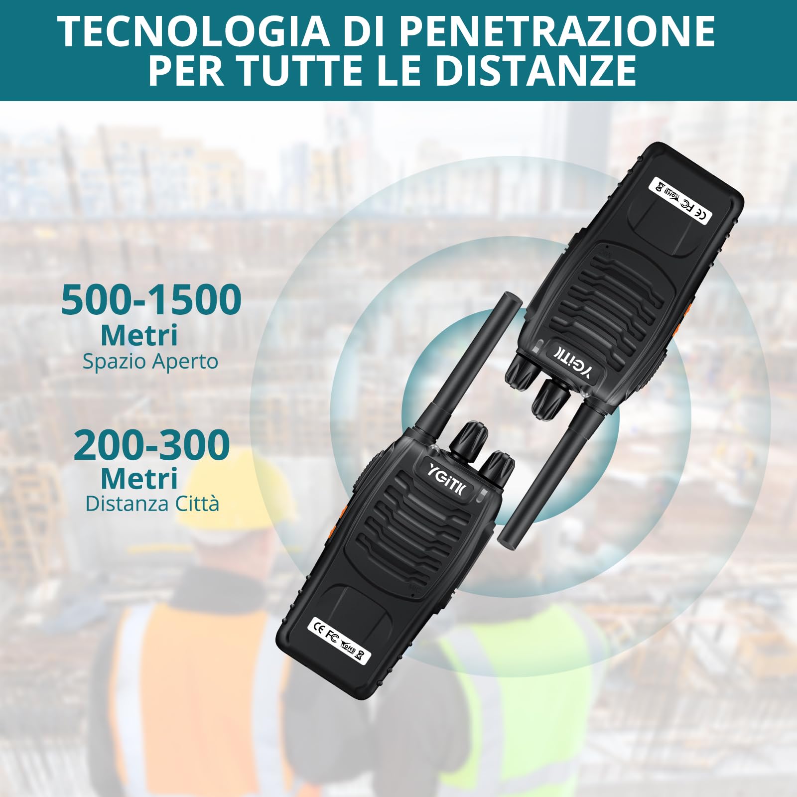 Walkie Talkie PMR446, 2 Pezzi Ricetrasmittenti Portatili con Canali 16, Portata fino a 1.5 km in Spazio Aperto, per Gestione Alberghiera/Escursionismo/Campeggio/Viaggi - Ricaricabili via USB