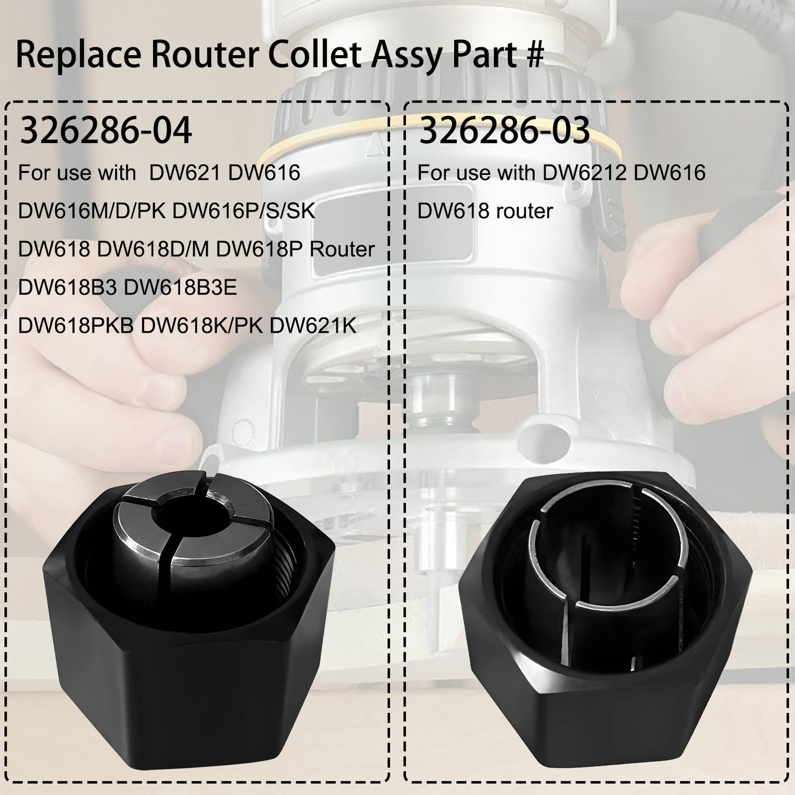 Collet de défonceuse 1/2" et 1/4" pour défonceuse Dewalt DW621 DW616 DW618 Dw622 Dw626, pour Bosch 1617, 1617EVS, 1618, 1618EVS, 1613, 1613EVS, 1613AEVS. Numéro de pièce du routeur S : 326286-03