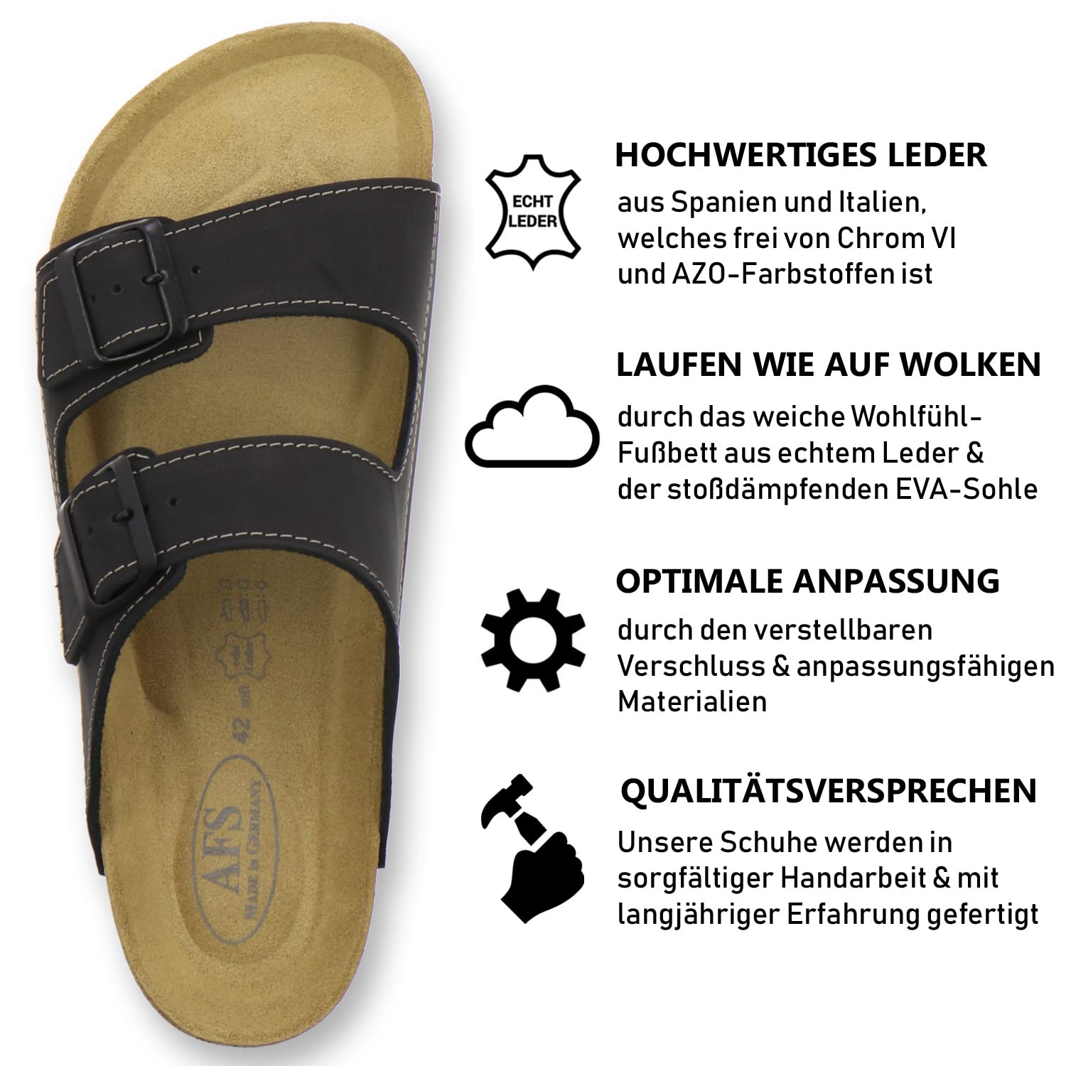 AFS-Schuhe 3110 sportliche Herren Pantoletten Leder, Bequeme Hausschuhe Korkfussbett, Made in Germany