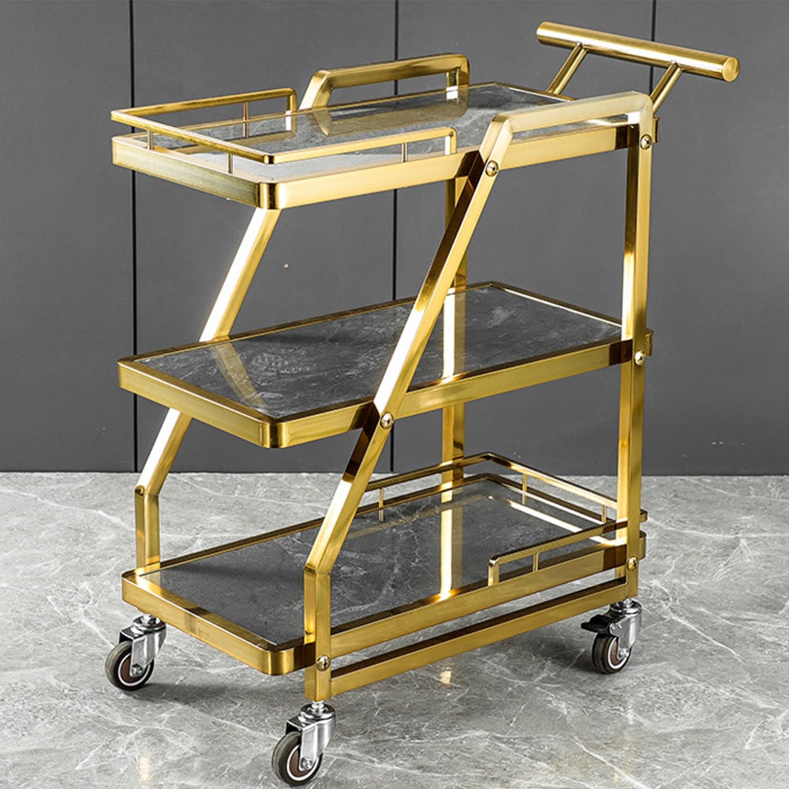 3 Tier Stainless Steel Rolling Serving Cart, Rock Panel Utility Trolley for Restaurant KTV Hotel Food Snack Drinks Transport(G)