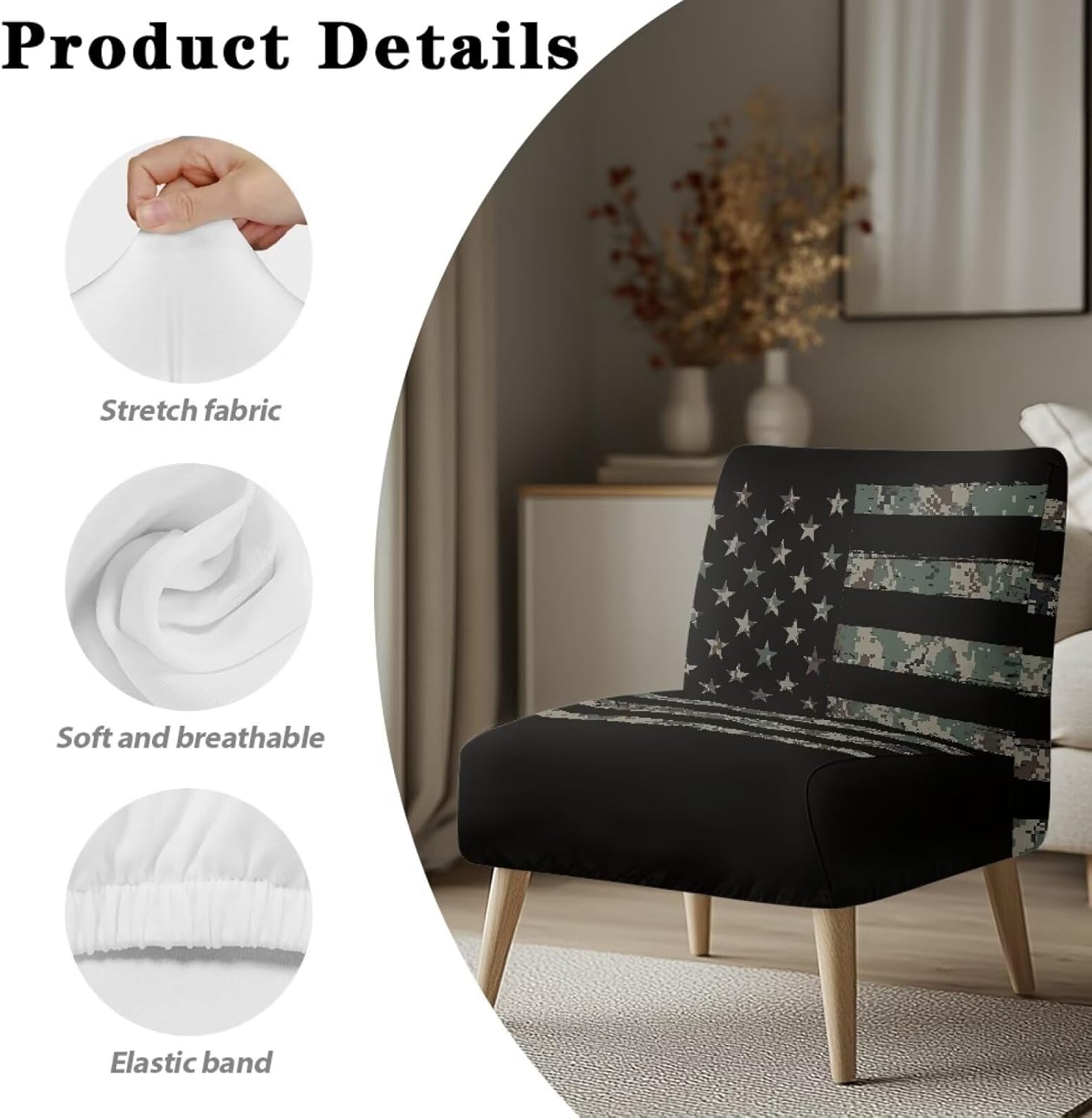 Set of 2 Armless Accent Chair Covers Stretch American Flag Armless Slipper Chair Slipcover Soft Non-Slip Armless Chair Covers Furniture Protector for Living Room Bedroom