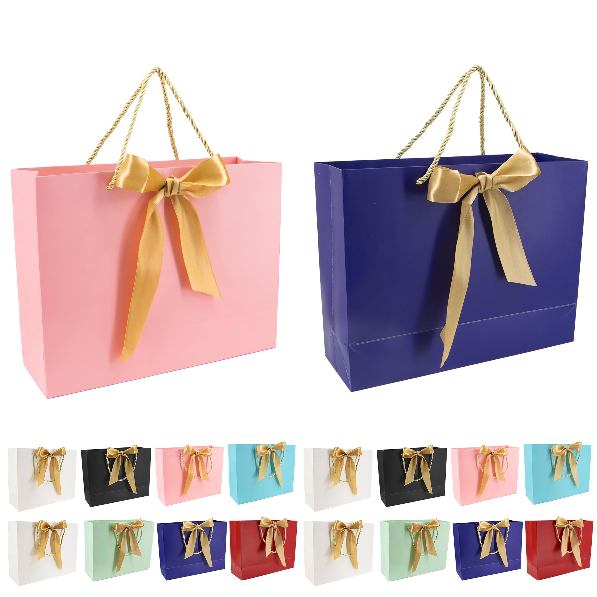 Time to Sparkle 16 PCS Gift Bags Large Size with Handles Bulk, Waterproof Paper Bags with Bow Ribbon for Baby Shower Wedding Party Birthday Holiday Celebrations (32 * 25 * 11cm) Colourful
