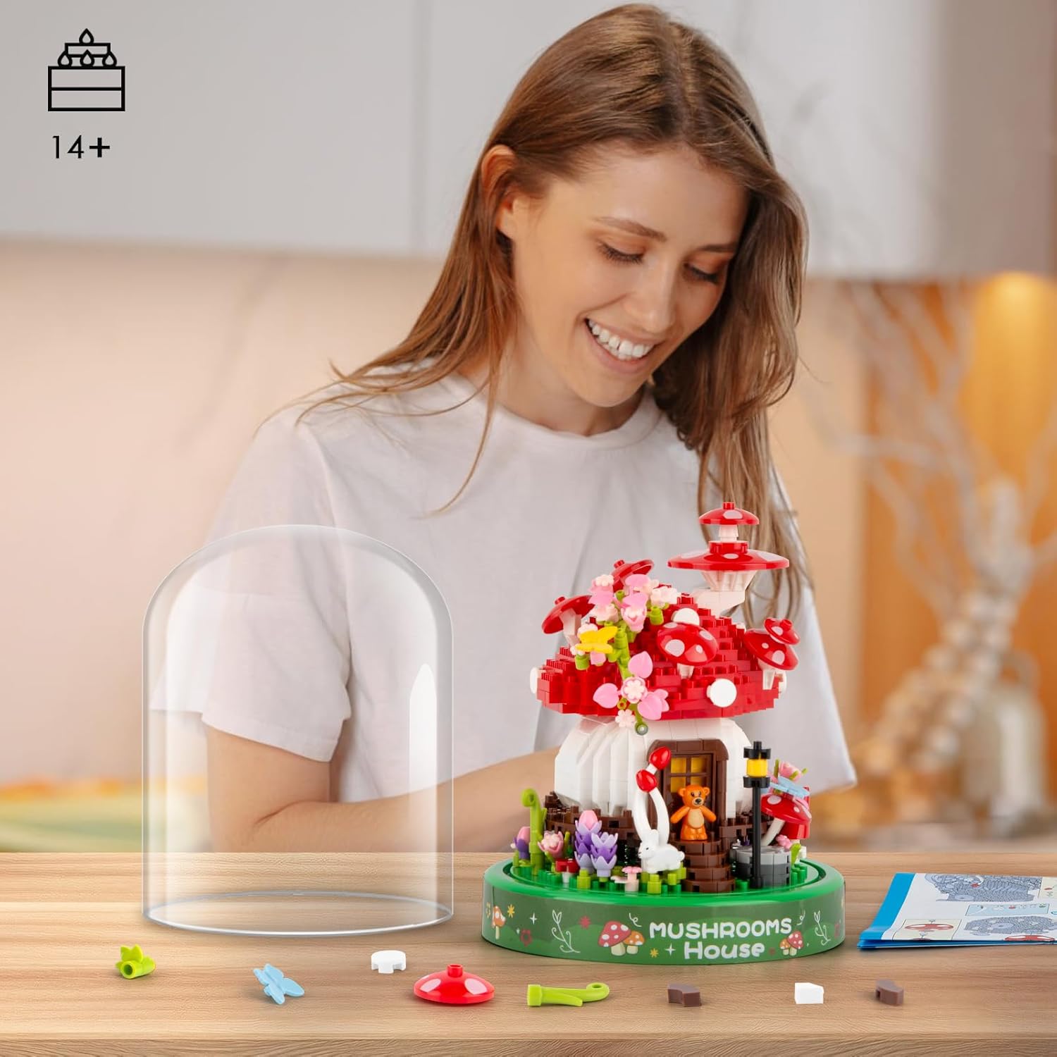 Vziimo Mushroom House Building Set, Creative Mushroom Flower House Model Kits with Dust Cover, 645PCS Micro Bricks Collectible Ideals Gifts for Adults 14+