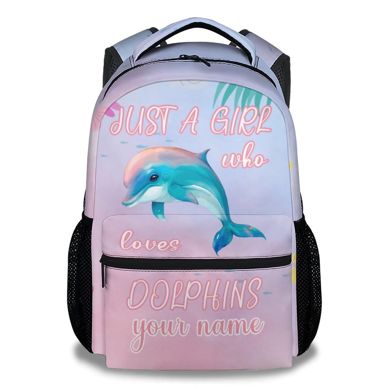 MEETUHONEY Custom Dolphin Backpack for Girls Boys, 16" Cute School Bookbag, Cartoon Large Capacity Laptop Bag for Kids Students