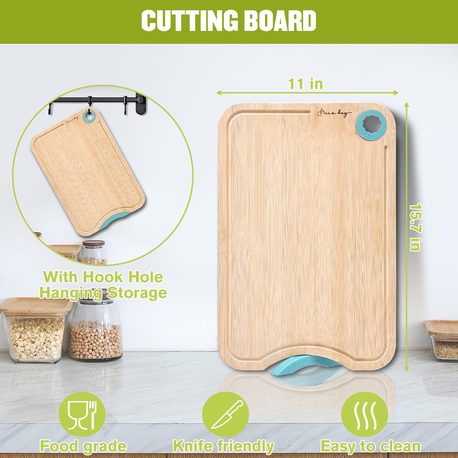Tablas de cortar de madera para cocina, tabla de cortar de bambú de doble cara con ranura para jugo y soporte giratorio, tabla de cortar duradera y fácil de limpiar, regalo ideal para utensilios de