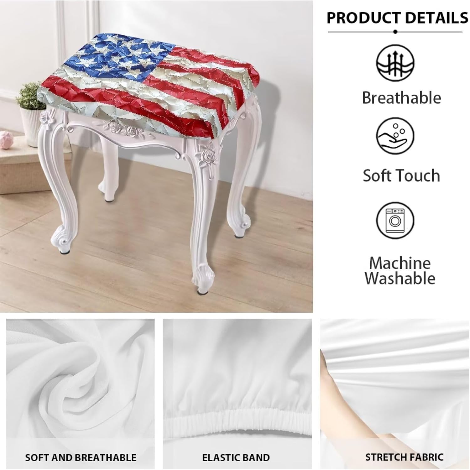 GLENLCWE Retro American Flag Rectangle Stool Cover,4Pack Stretch Rectangle Bar Stool Covers Patriotic Vanity Stool Cover 4th of July Dining Chair Stool Decor Cover for Home