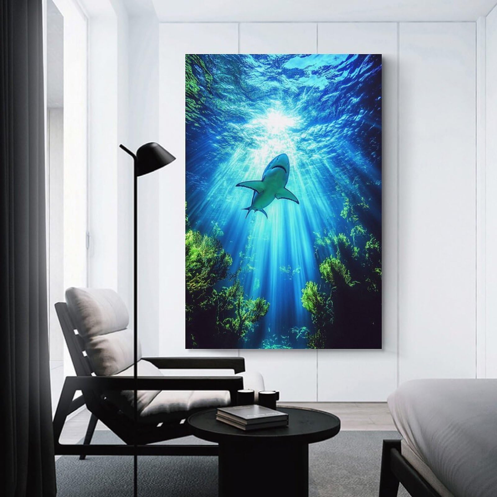 Junmoney Unframe-Style-19 Shark Swimming In Sunlit Ocean Depths Home Decor Wall Art, 24X36inch(60X90cm), For Work Areas, Reading Rooms Or Studios, An Interior Accent For Desk Areas