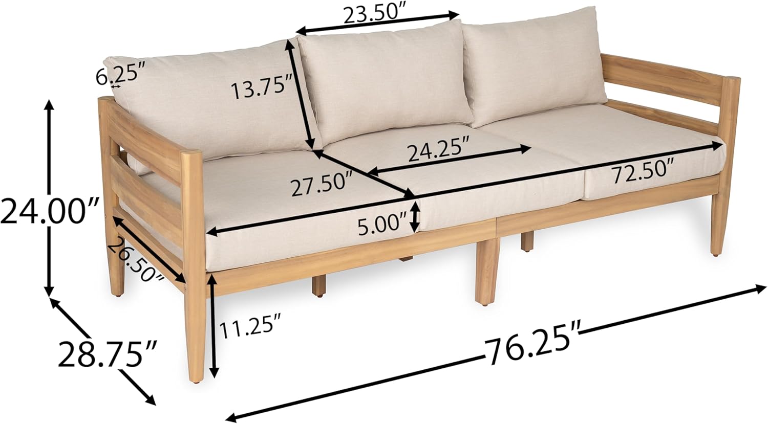 Christopher Knight Home Kavets 76.25'' W Outdoor 3 Seater Sofa with 5" Cushion, Acacia Wood Patio Sofa, Modern Slat Panel Bench, Spacious Seating Couch for Backyard Garden Porch, Light Teak+Beige