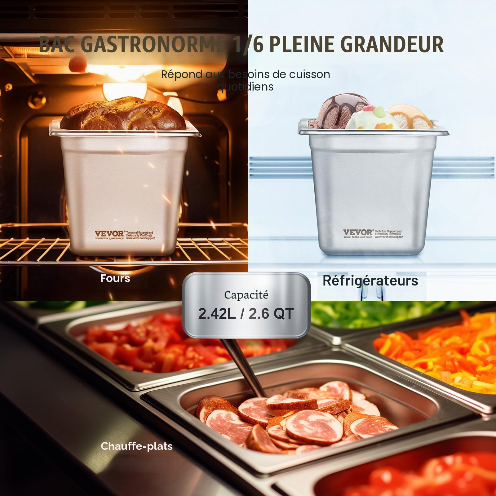 VEVOR Bac Gastronorme GN 1/6 Lot de 6, Récipient Inox pour Bain-marie 0,8 mm d'Épaisseur, Bac Inox Alimentaire 16 cm Profondeur, pour Fours à Convection, Réfrigérateurs, Stockage, Restauration