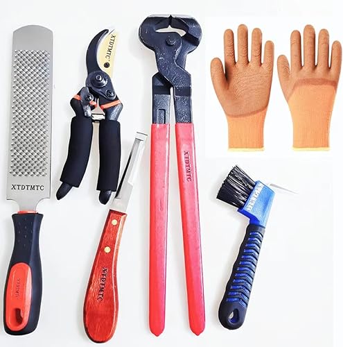 Horseshoe Trimmer Scissor Tool, Horseshoe Knife, Farrier Rasp File and Rubber Handle, Horseshoe Brush, Horseshoe Knife, Horseshoe Knife 6-Piece Horse Cage Horseshoe Trimmer Tool Kit
