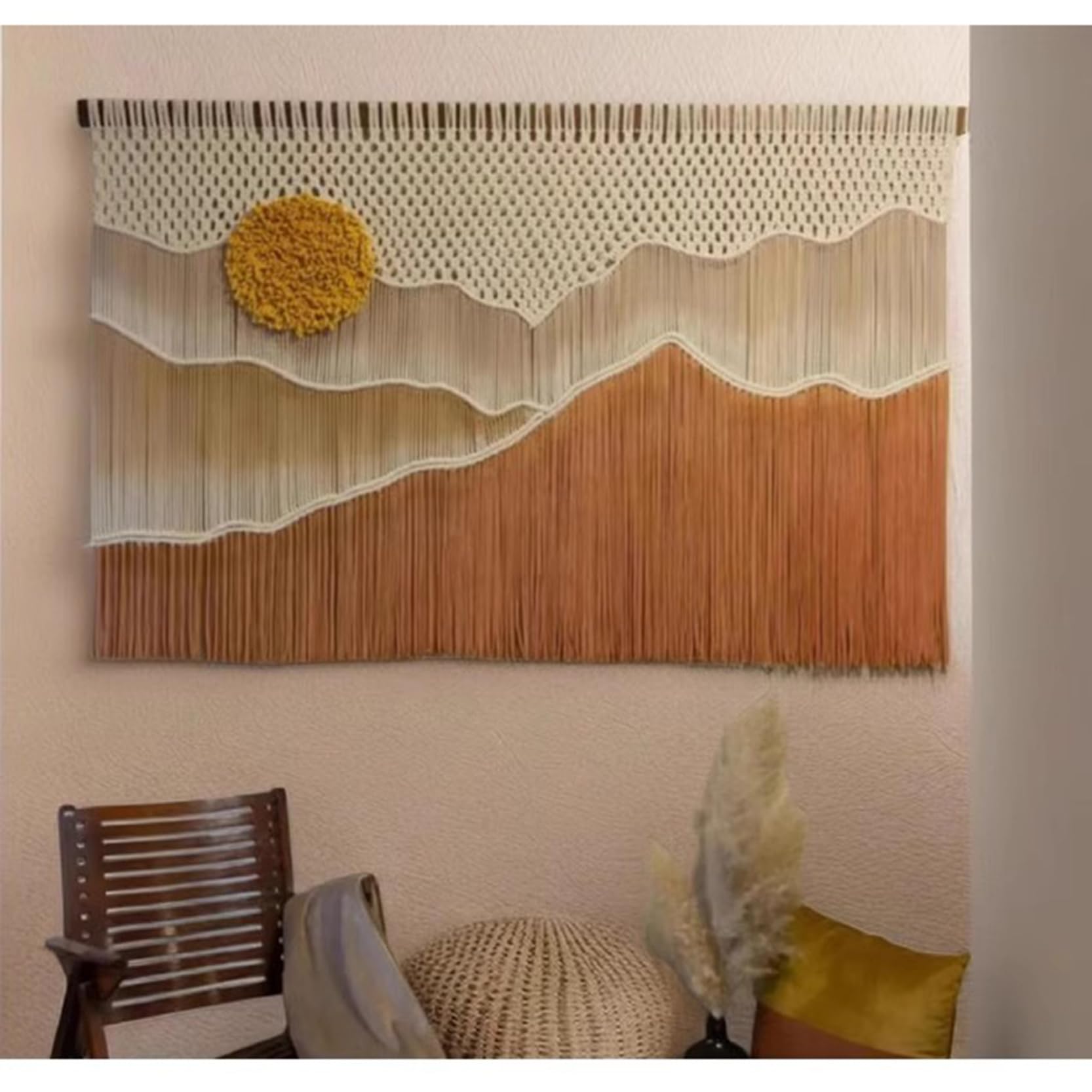 Tapiz de Pared de macramé, decoración Bohemia, Tejido a Mano, teñido por inmersión, Tapiz de Paisaje, Arte Colgante de Pared, Cuerda de algodón,decoración de Pared,Orange-120x90cm