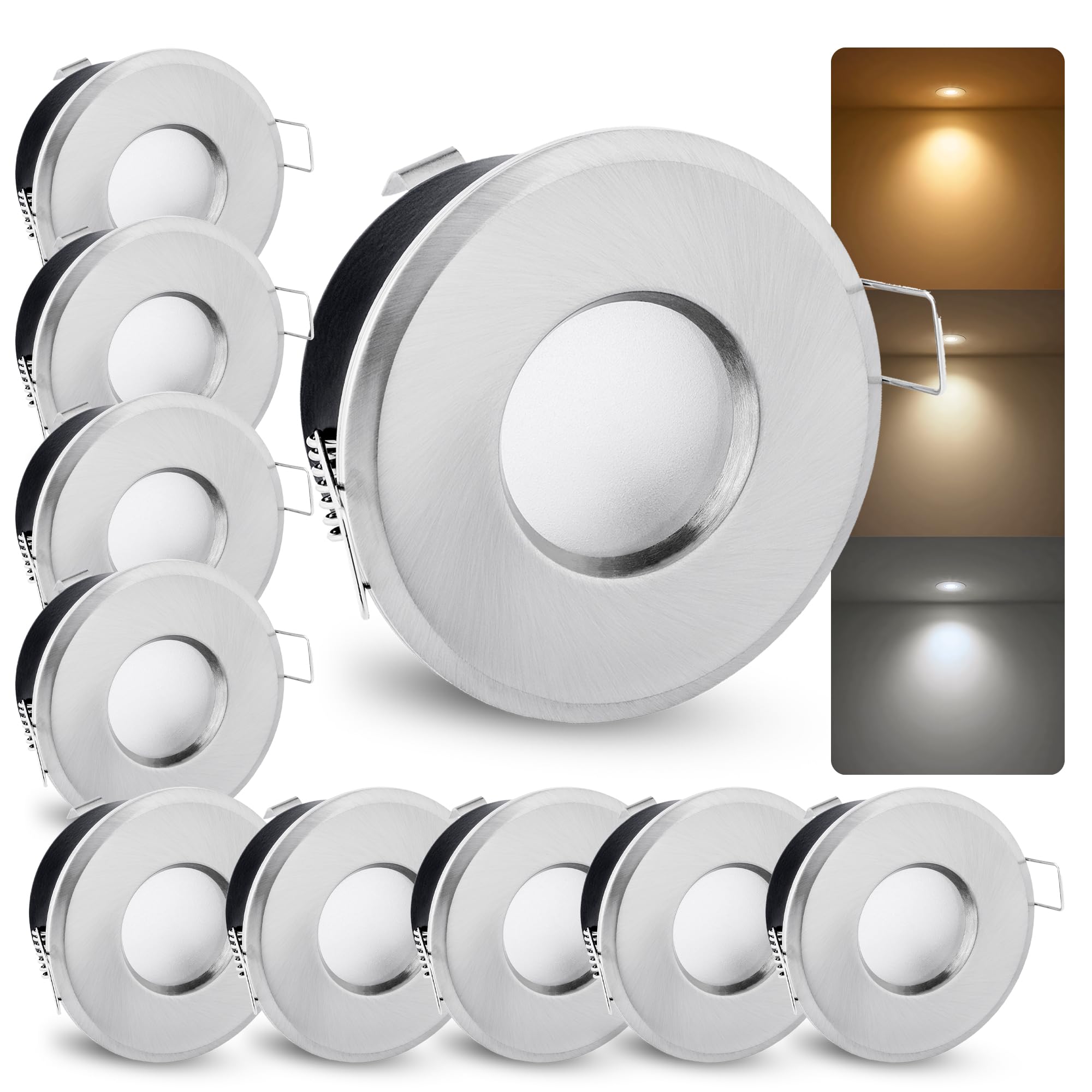linovum 10 Stück LED Badeinbaustrahler Set IP65 gebürstet rund 230V - LED GU10 6W LumiFLEX Lichtfarbe warm/neutral/kalt - Deckenstrahler für Bad & Außen