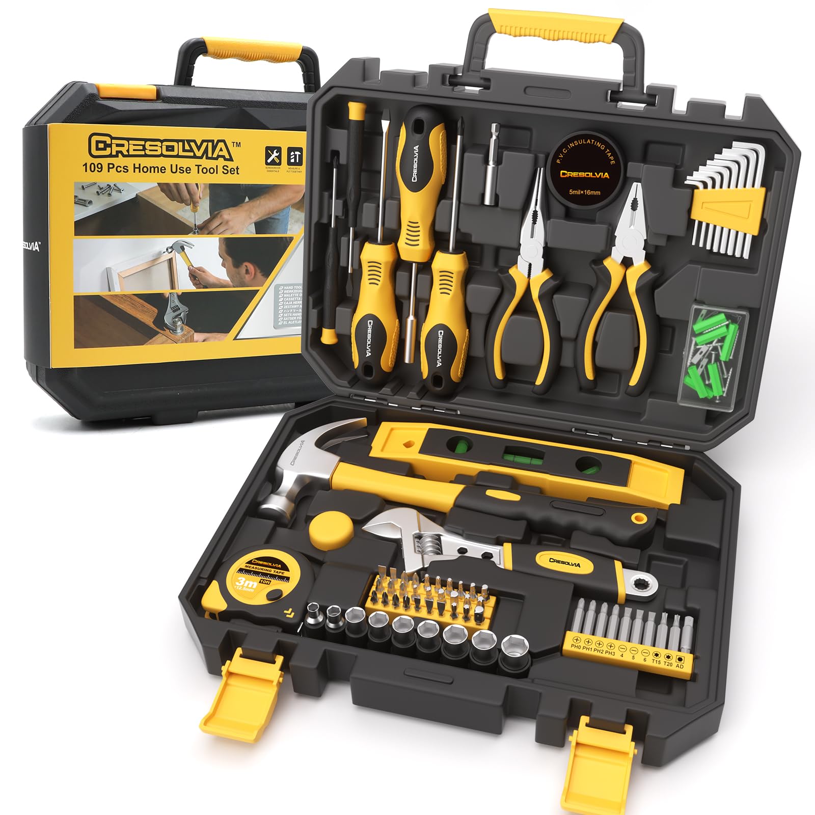 CRESOLVIA Tool Kit Set 109 Pieces Home Repair DIY Toolbox Sets General Household Hand Small Tool Kits for Home Complete Basic for Homeowner