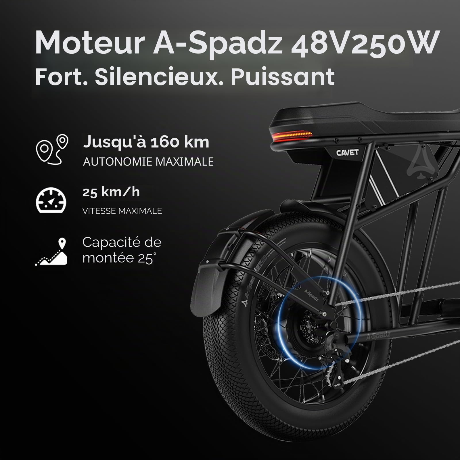 Cavet Air Vélo Électrique Fat Bike 20" 48V 250W 15,6Ah 7 Vitesses Double Siège Écran TFT