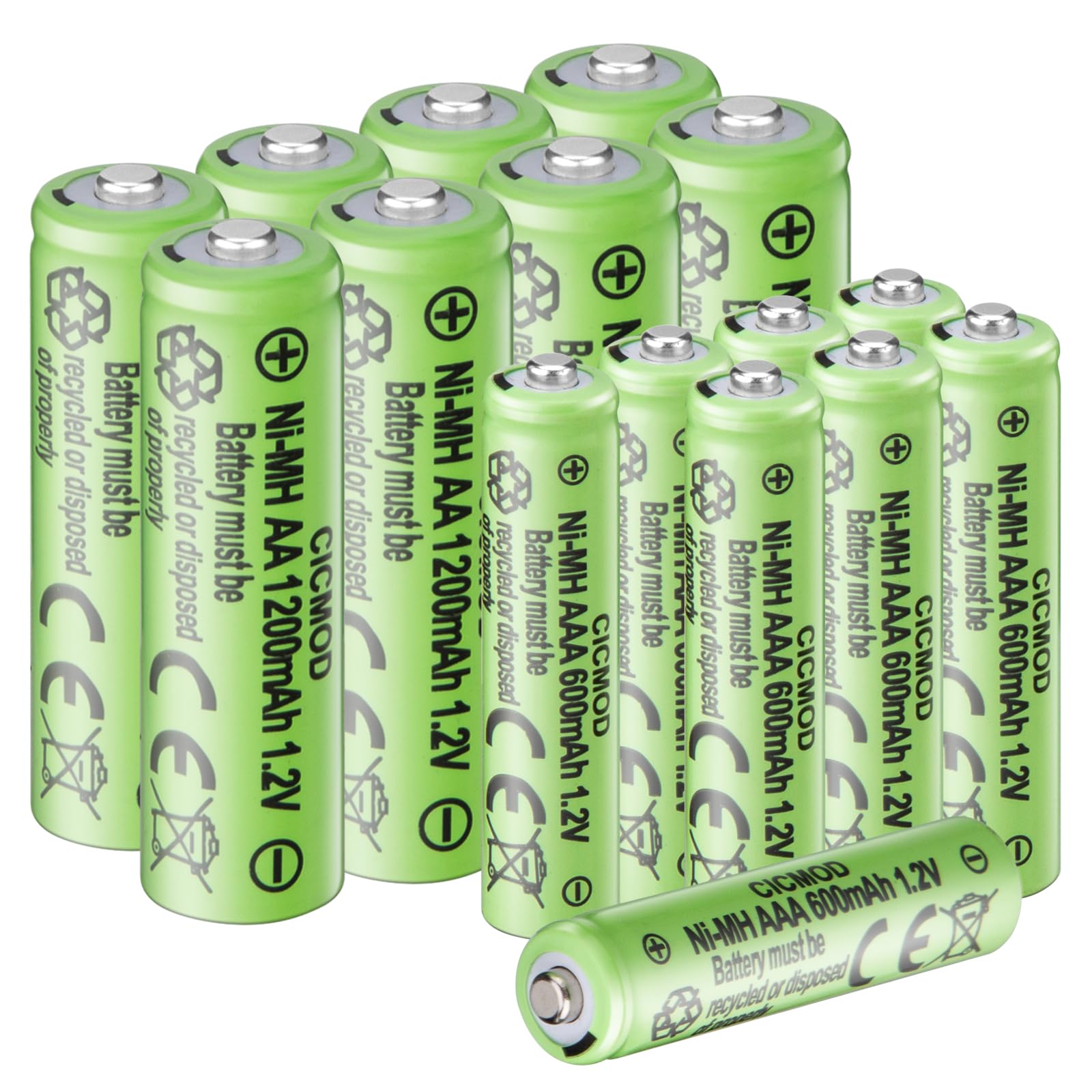 CICMOD AA AAA Rechargeable Batteries, 1200mAh & 600mAh 1.2V NiMH Solar Light Battery, Low Self Discharge, Pack of 16