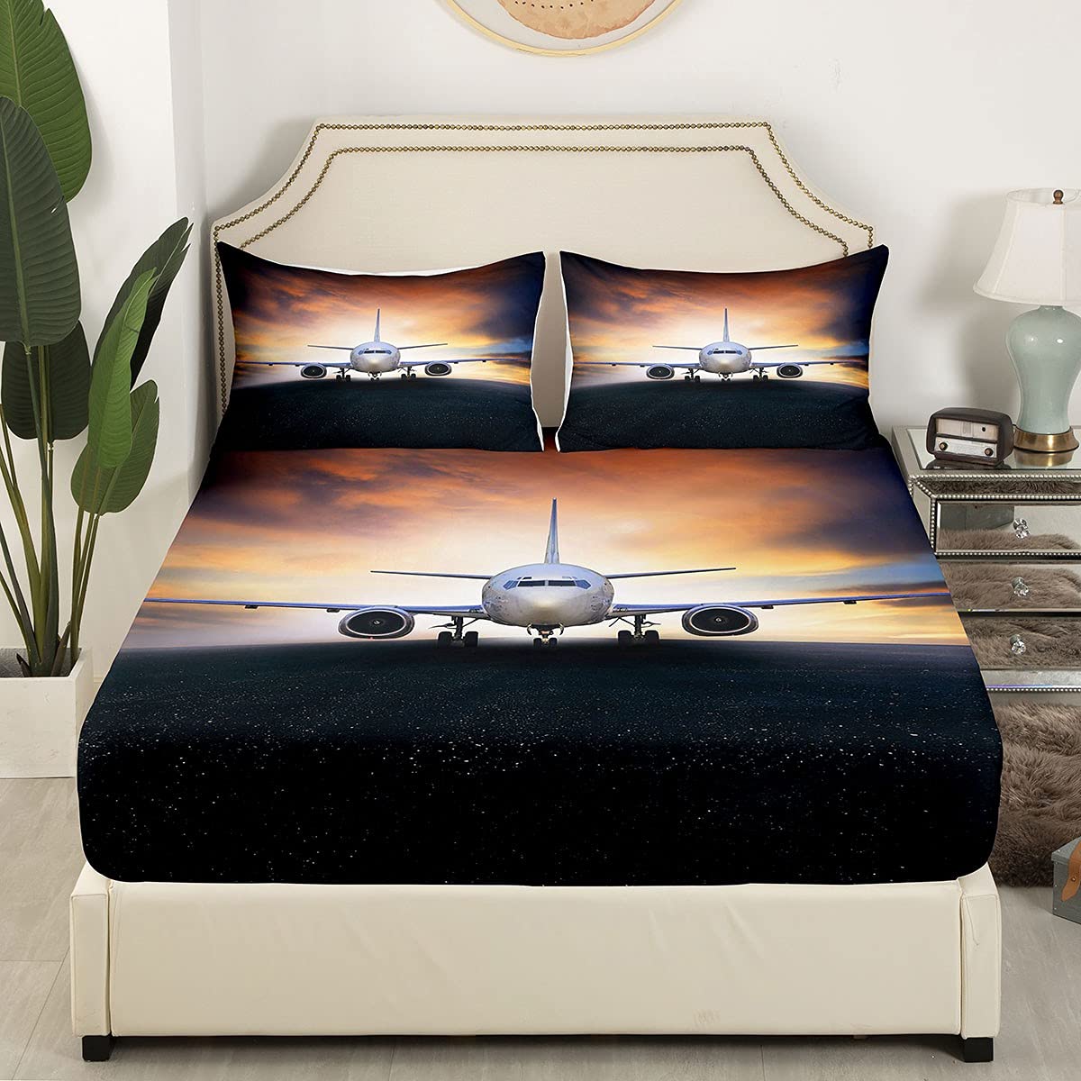 Aircraft Bedding Sheets Aircraft Runway Bed Sheet Set for Kids Boys Girls Airplane Print Bedding Fitted Sheet White Aircraft Cool Bed Cover 3Pcs King Size - Image 3