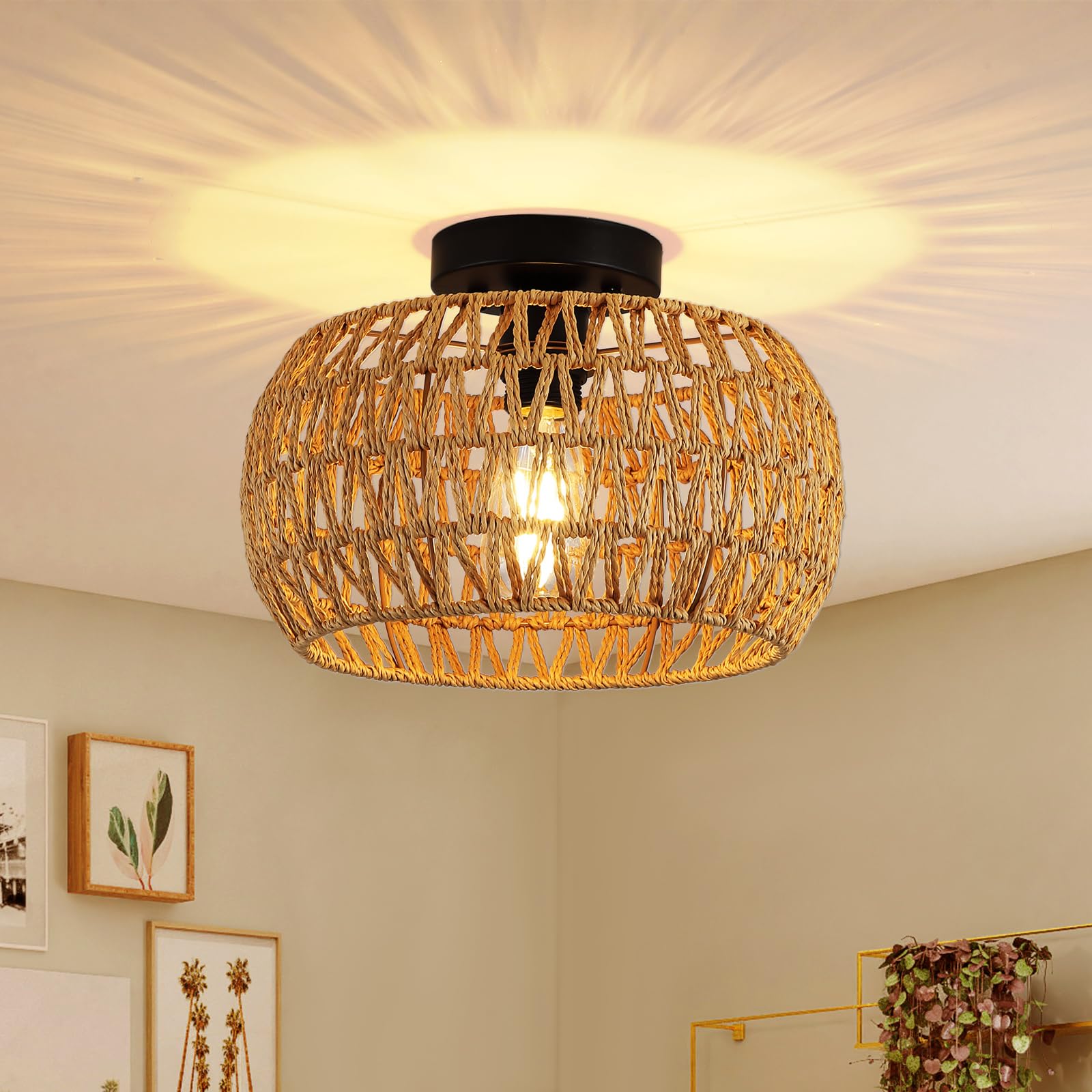Photo 1 of Somniferous 12" Boho Ceiling Light Fixture, Rattan Flush Mount Ceiling Light, Small Rustic Hand Woven Chandelier for Farmhouse Hallway Bedroom Kitchen Entryway Closet, E26 Socket