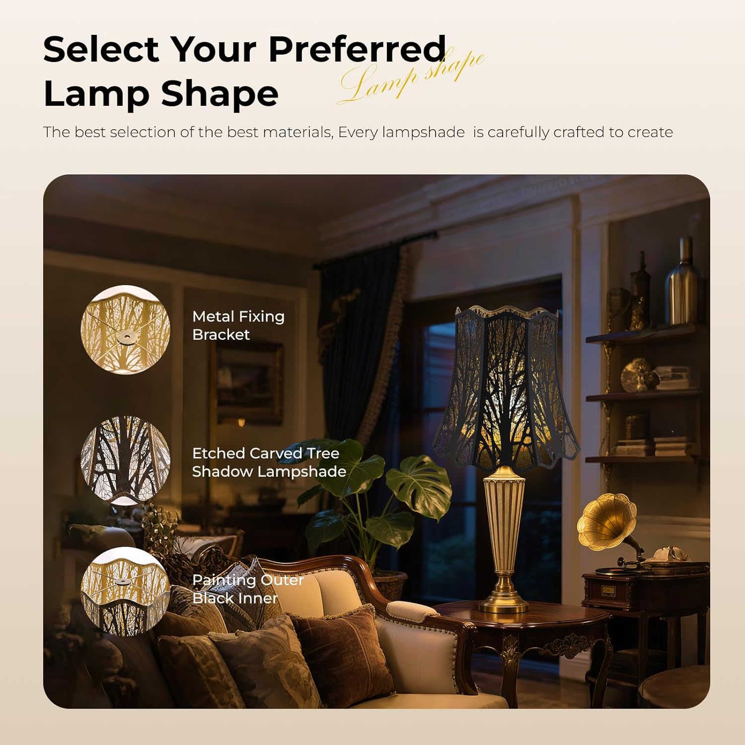 Etched Court Style Metal Lamp Shade, Large Upper and Lower Wave Lampshade with Forest Tree Pattern, 10"Top x 16" Bottom x 14.75" High, lron Cover shade for Table Lamps, Floor Lamps (Black/Gold)