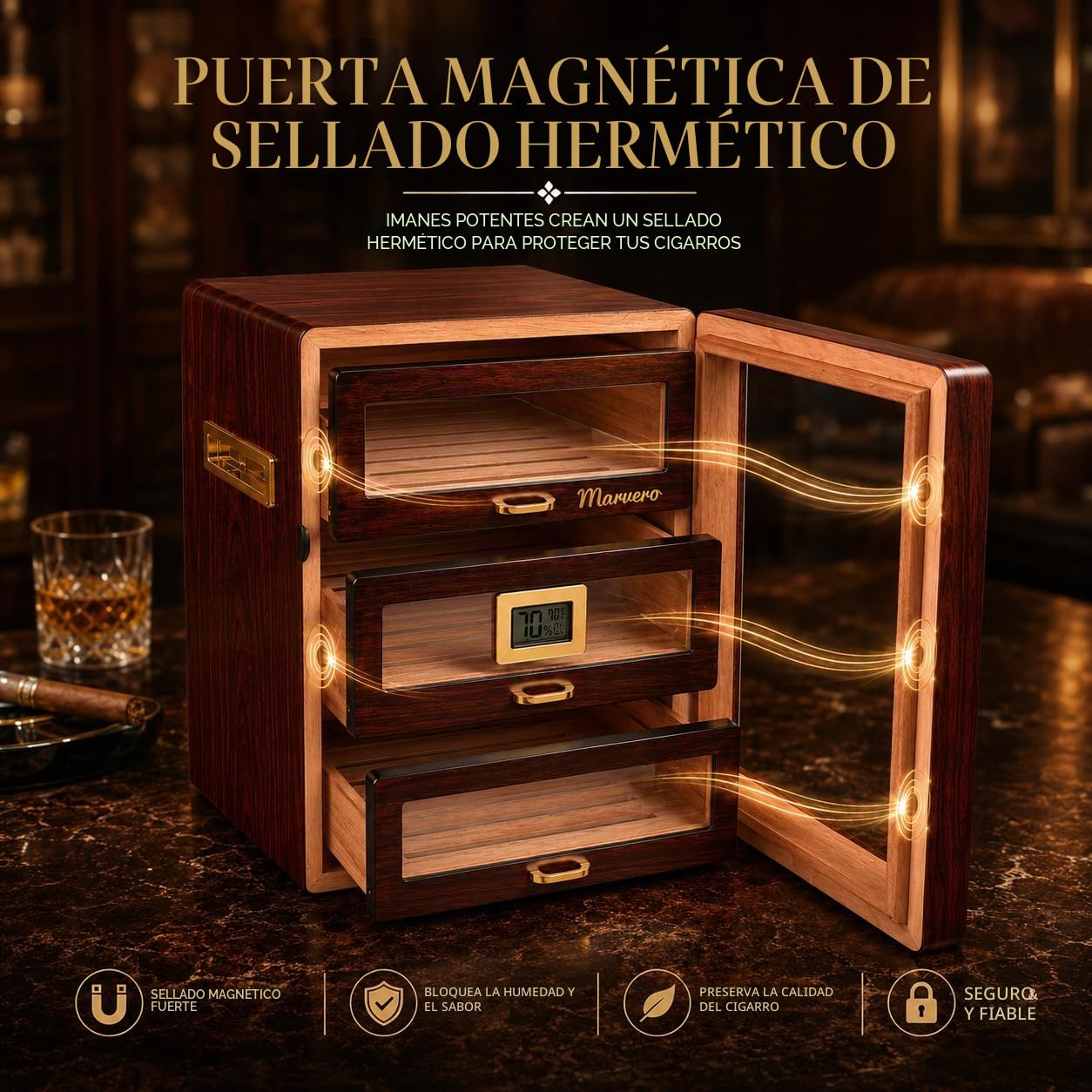 Armario Humidor para 150 Puros, Higrómetro Digital, Ébano
