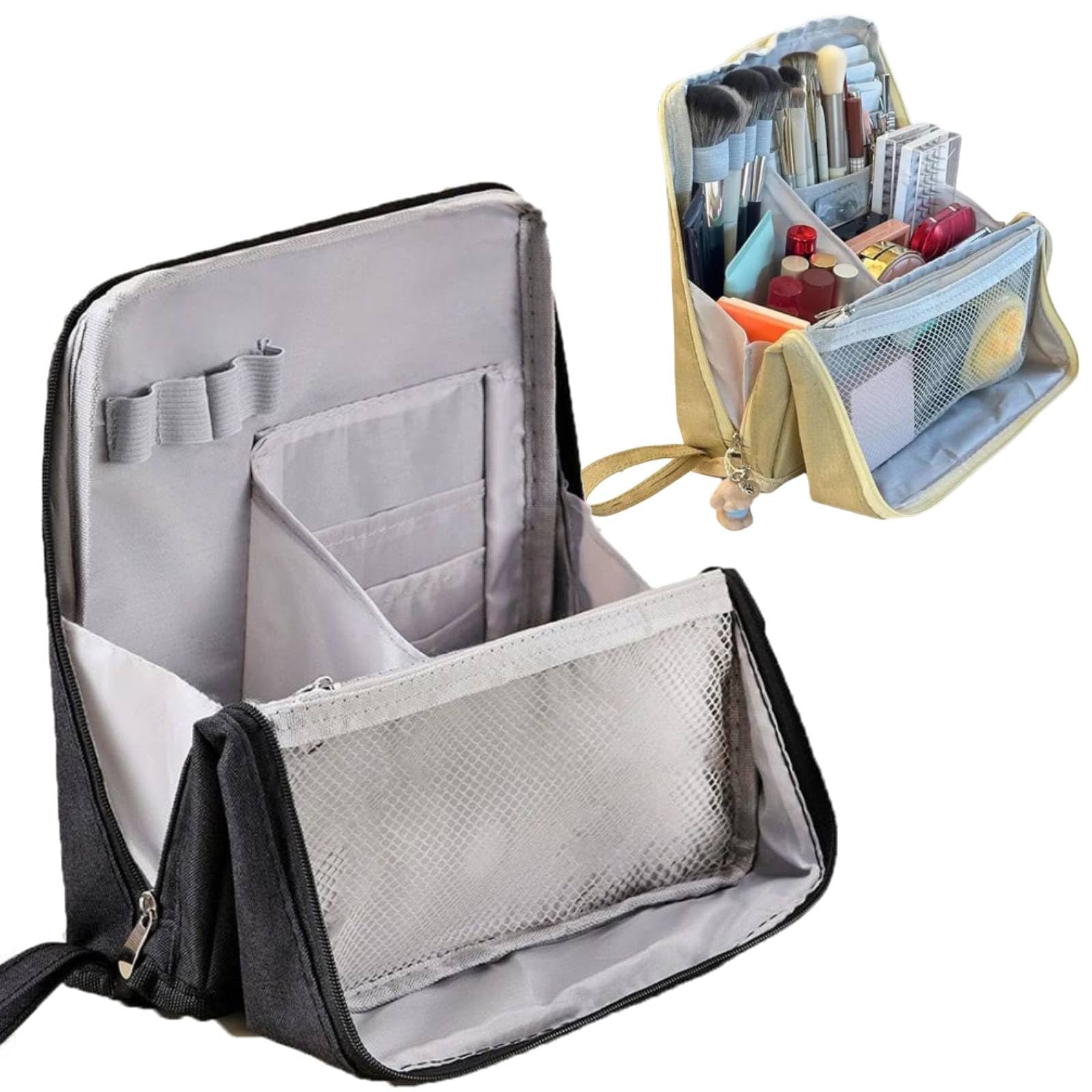 Doresty Makeup Bag, Standing Makeup Bag, Multi-Purpose Large Capacity Oxford Cloth Makeup Organizer, Waterproof Multipurpose Stand Up Toiletry Bags, Stationery Organizer with Compartments (Black)