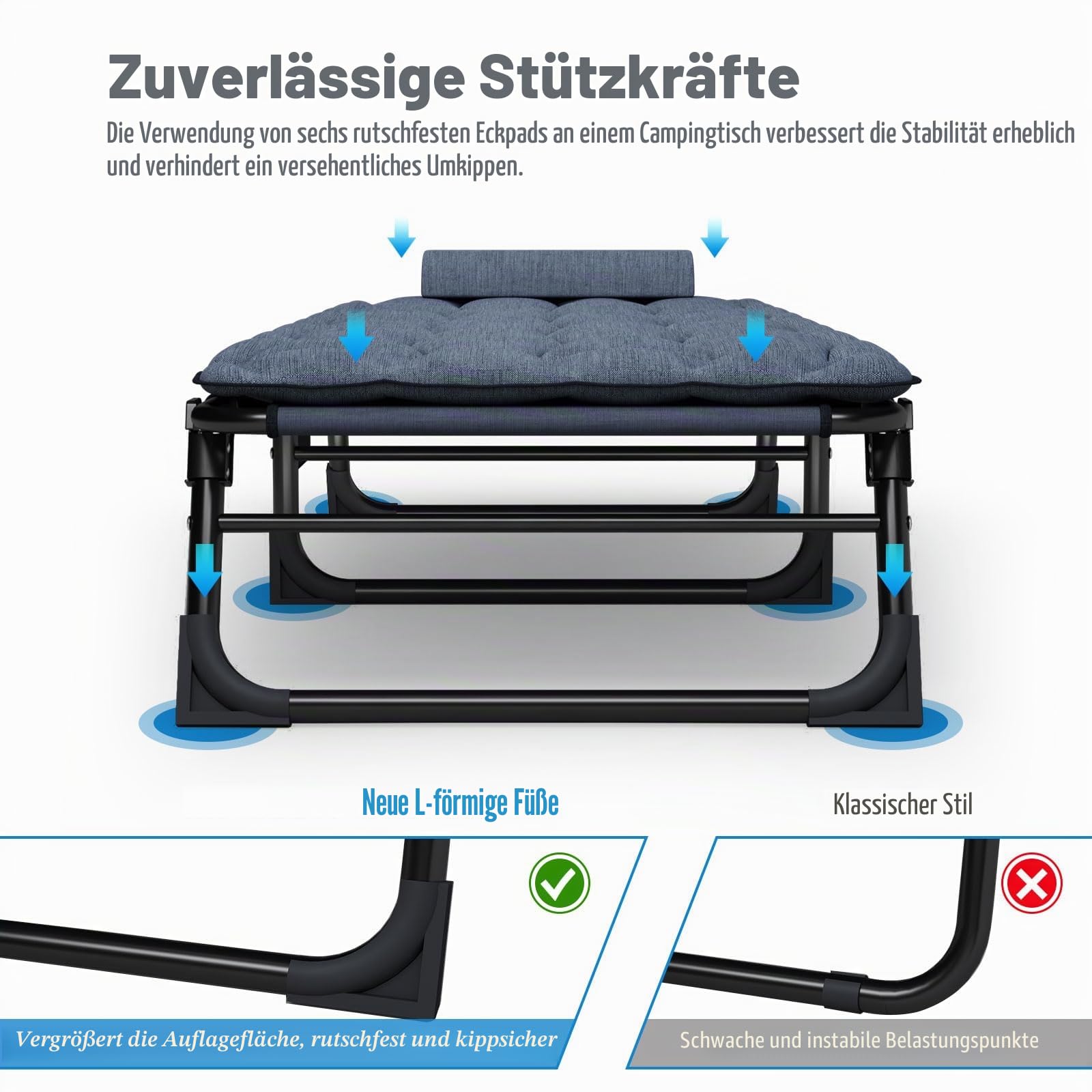 ATORPOK SHOP Sonnenliege mit verstellbarer Rückenlehne, 4-fach verstellbar, Mehrzweck-Campingbett, tragbar und Liegestuhl, für Garten/Pool/Terrasse, gepolsterte Matratze und Kissen – Blau