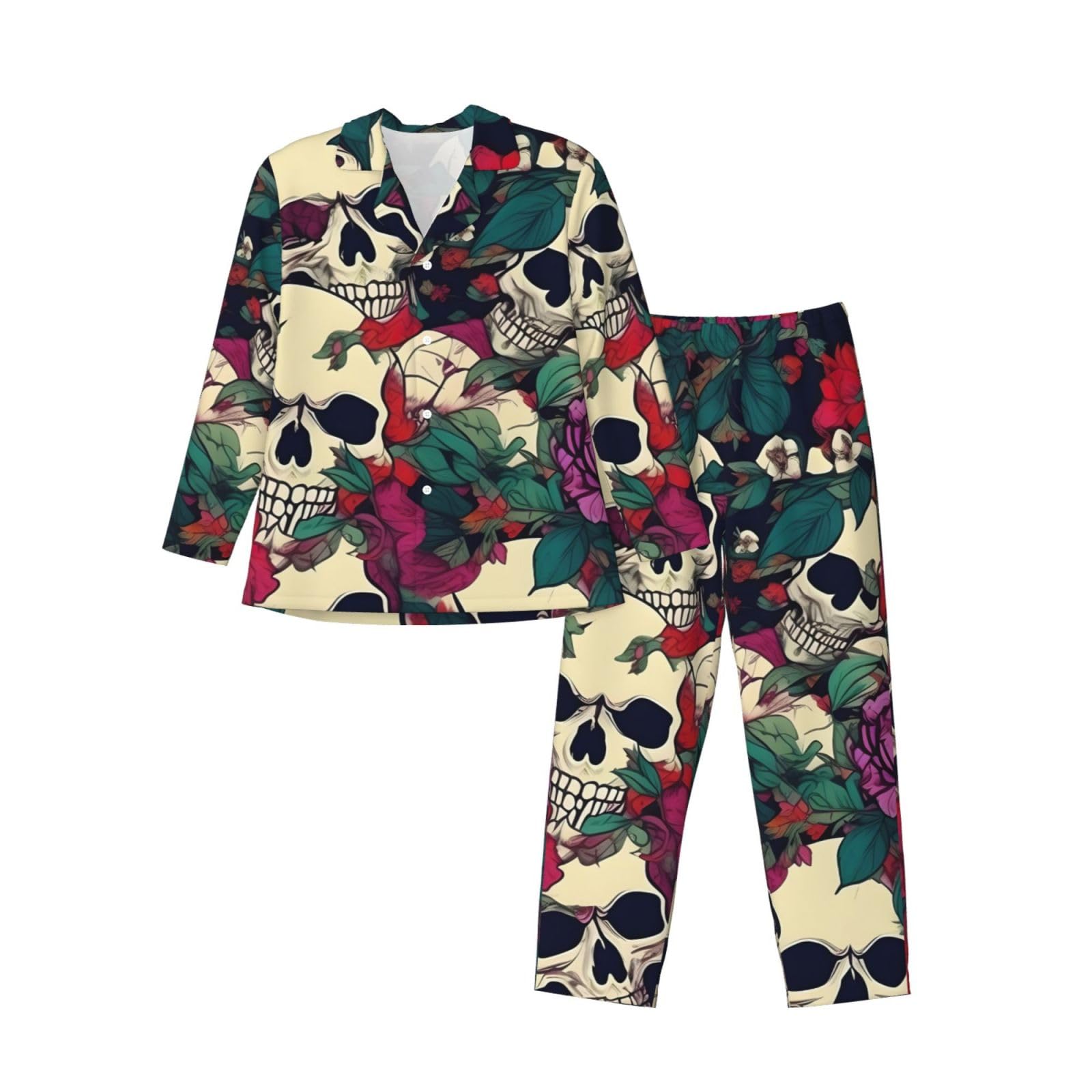 Langärmeliges Pyjama-Set für Herren, mit Blumenmuster, Totenköpfe, zweiteilig, bequem, Nachtwäsche