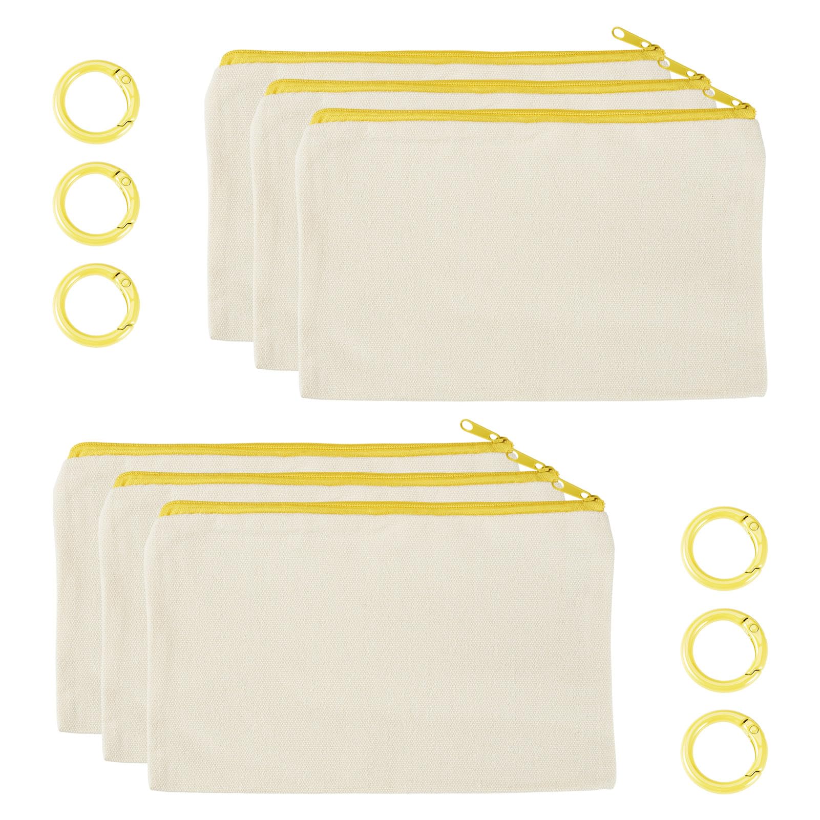 Bestewelry 6 pcs Canvas Bags for Craft Toiletry Bags Blank Canvas Makeup Bags Pencil Cases with Rings for Students School Storage Women Travel Makeup Organizer, Yellow