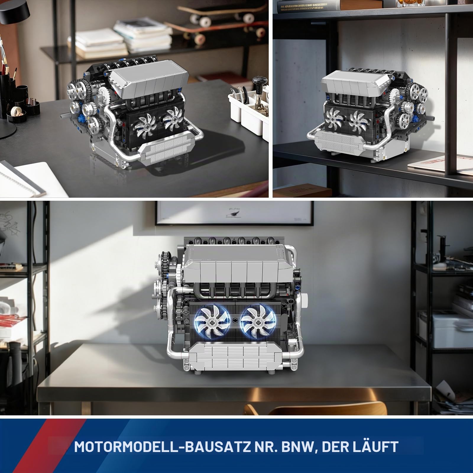 Mould King 10213 MOC Technik Motor-Modell，Baustein-Set eines Automobilmotors mit Elektromotor und Antriebsstruktur, Technologie Klemmbausteine Bausatz （744+Teile）