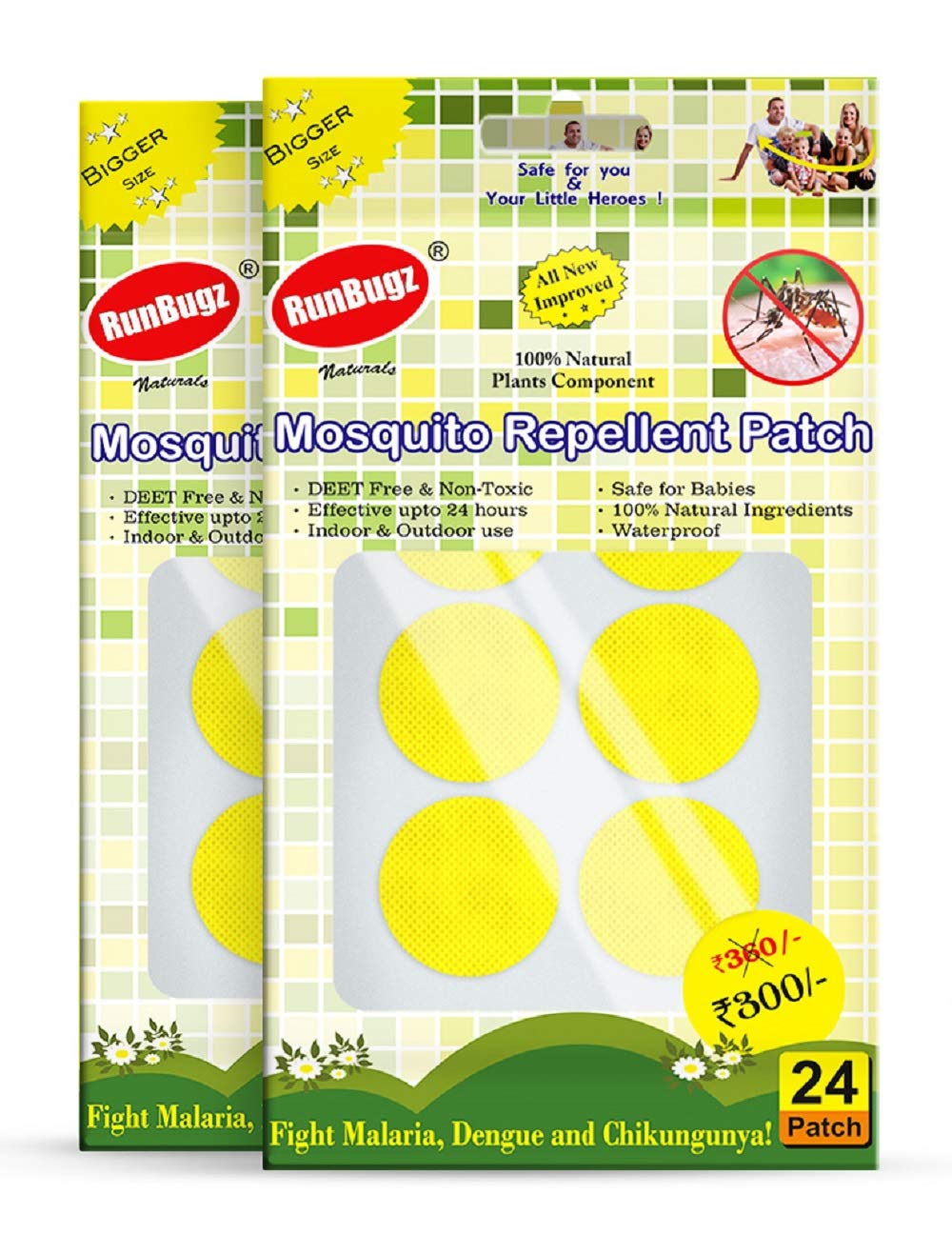 RunBugz Mosquito Repellent Patches, Yellow Anti Mosquito Patch, 24 Patches (Pack of 2) Effective Up to 24 Hours Safe for Kids Protect from Dengue, Malaria, Chikungunya