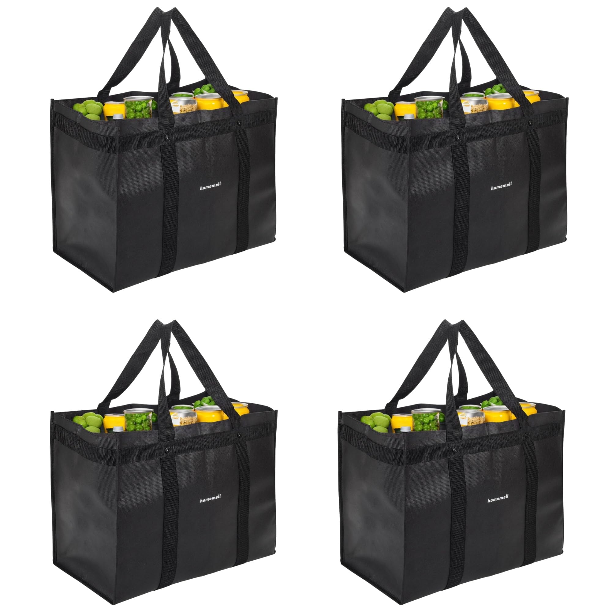 Homemell Heavy Duty Reusable Grocery Bags, Large Collapsible Tote Bag Holds 100 LBS, Extra-Strength Premium Material (Black, 4-Pack)