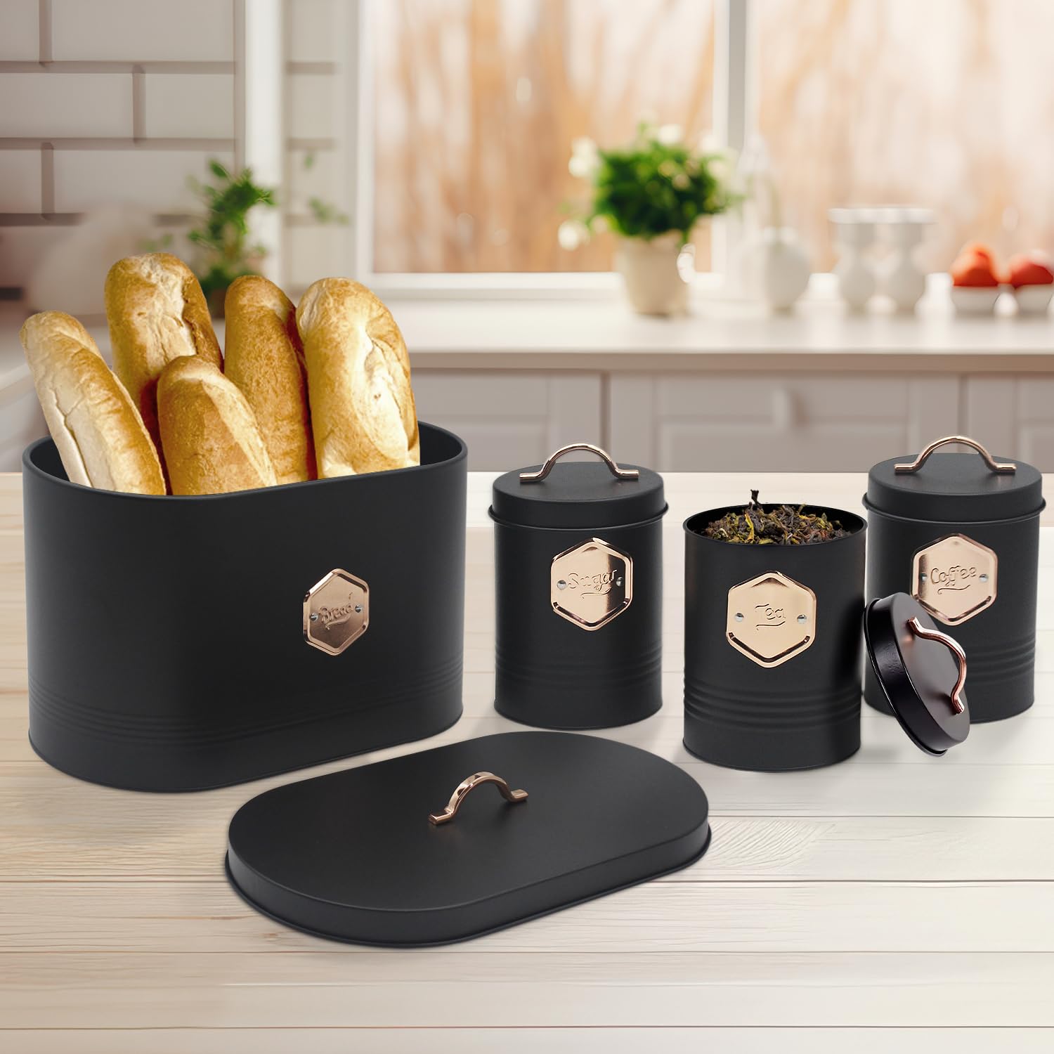 Black Bread Box Set with Coffee & Tea Canisters -8