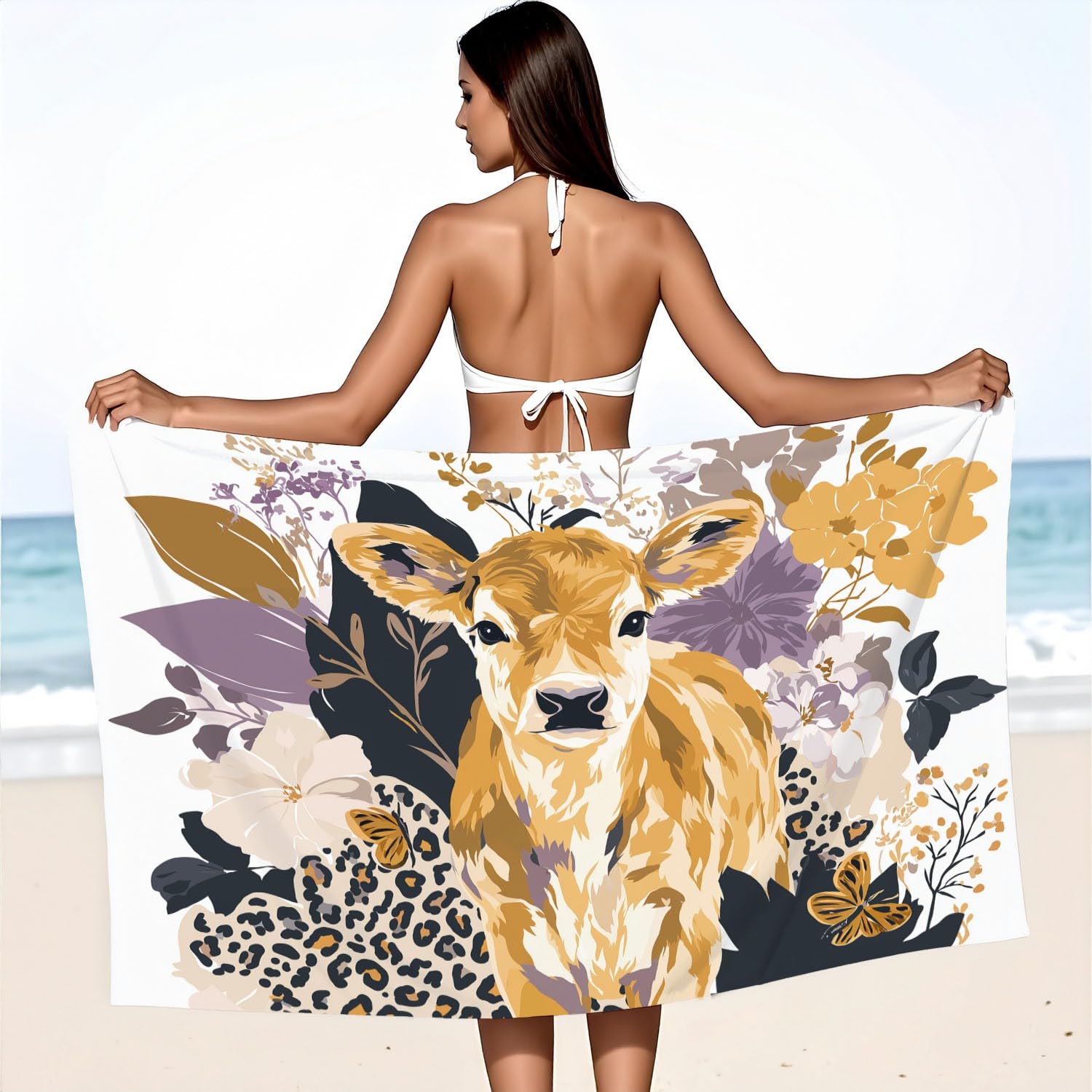 Générique Grande Serviette de Plage 230 x 210 CM,Drap de Plage Microfibre,Couverture de Plage Absorbante Rapide pour Patchwork, Avant-Garde, Mignon Veau, Fleurs, Papillons, Imprimé Léopard