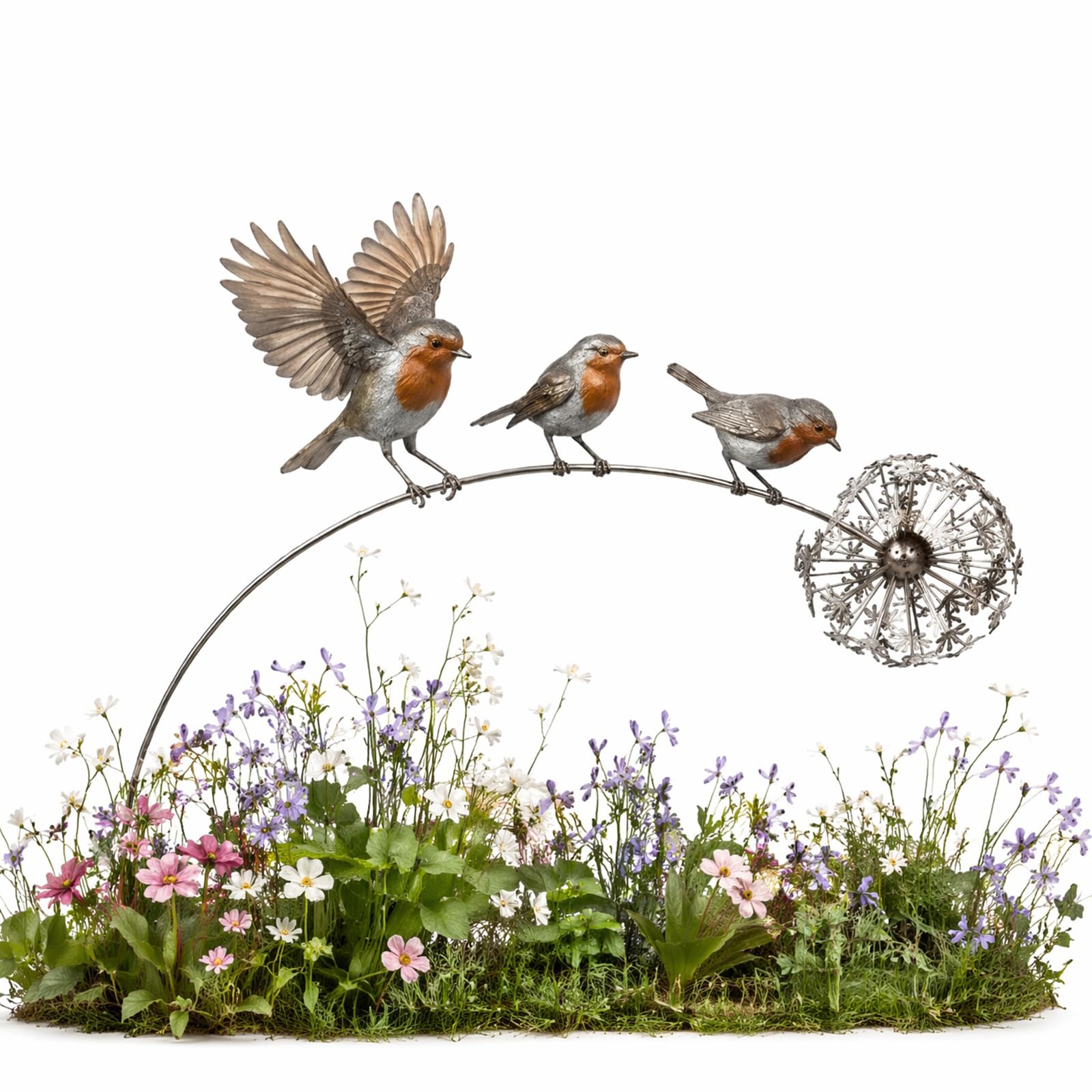 ZoraYorce Weatherproof Iron Dandelion Robin Bird Garden Stake Sculpture (A)