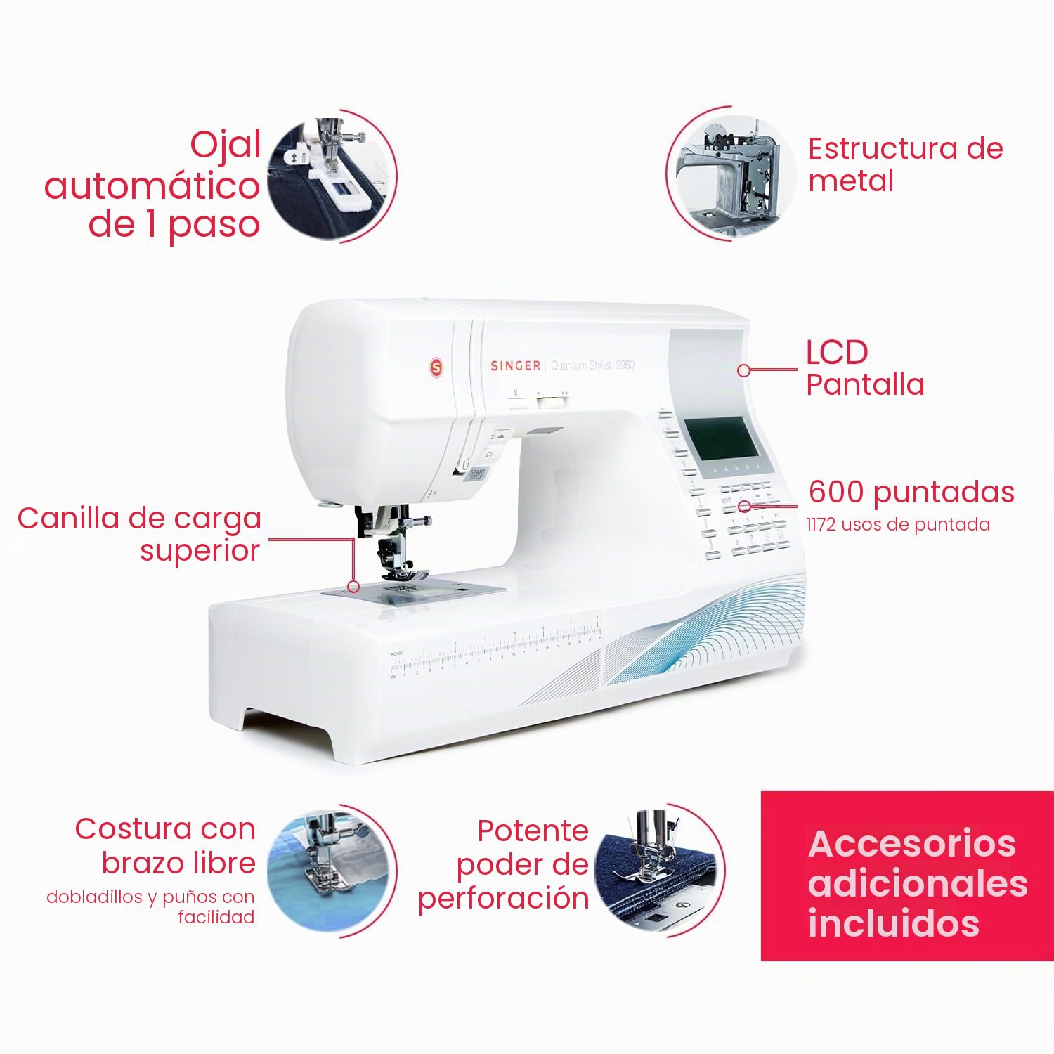 Singer Quantum Stylist 9960 Maquina De Coser Electronica – Enhebrador de Aguja Automático Incorporado, 100 Programas de Puntadas, 2 Luces Led, Maquina De Coser Profesional