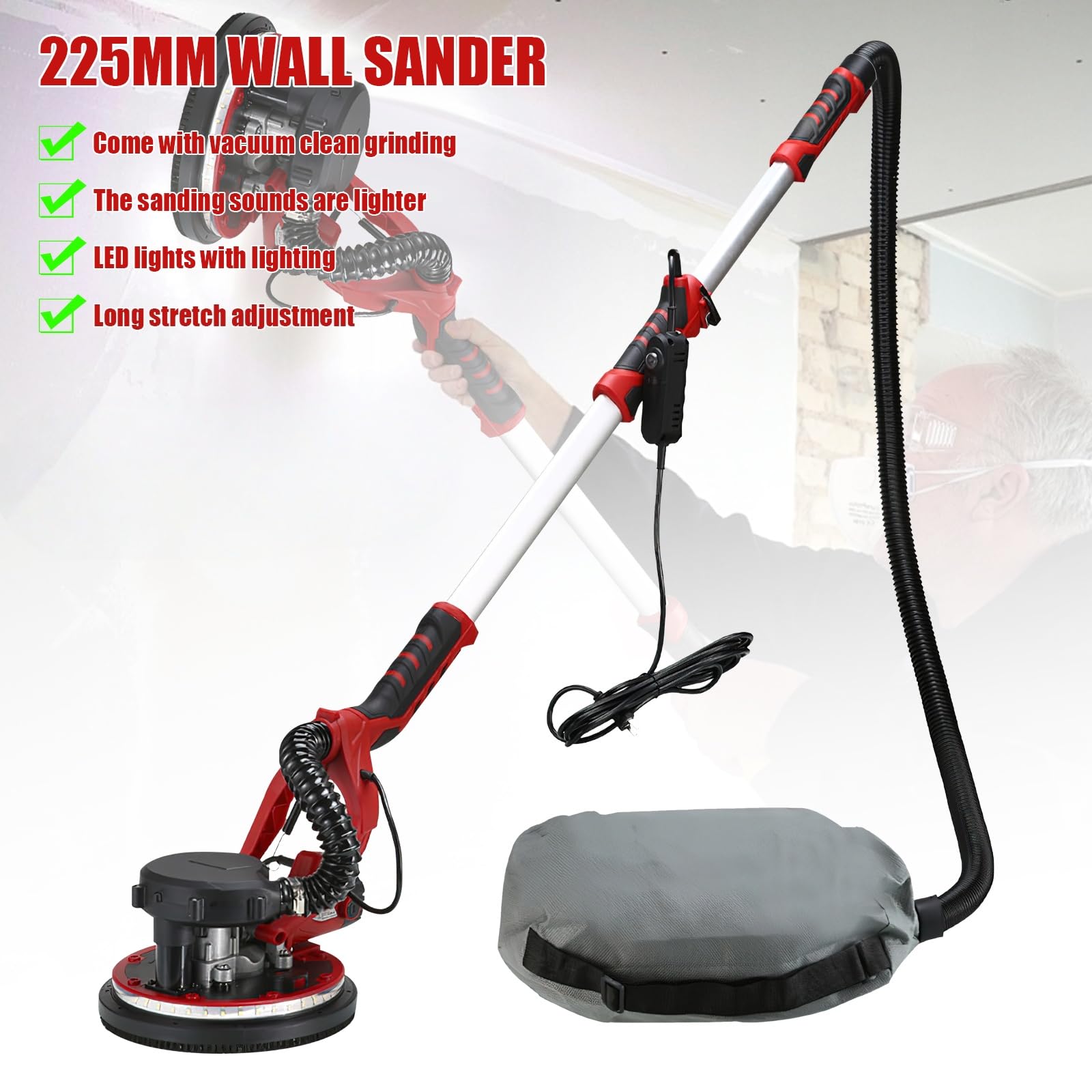 Lijadora Jirafa con Aspirador 800W, Lijadora Pared y Techo, Disco de lijado Ø225 mm, 6 Velocidades Regulables Luz LED, Mango Telescópico,Lijadora Electrica para Placas de Yeso y Obra Seca (Rojo)