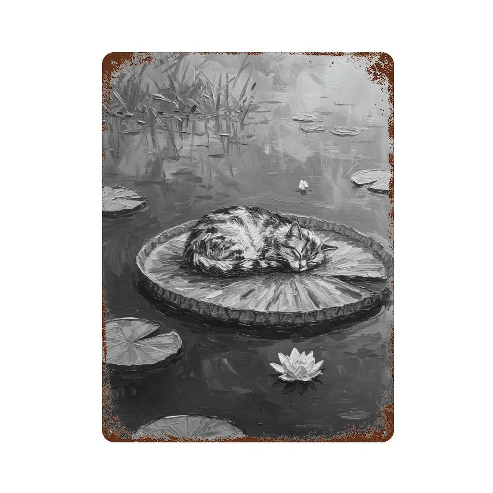 Aged Metal Wall Plaque with Cat Nap on Lily Pad Painting Design 15.7"x11.8", for Pub, Kitchen And Man Cave Decor, Shabby Chic Decor
