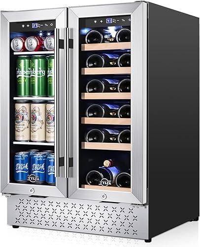 Tylza Refrigerador de vino y bebidas de 24 pulgadas de zona doble, refrigerador de vino y bebidas de puerta francesa de 24 pulgadas, refrigerador de
